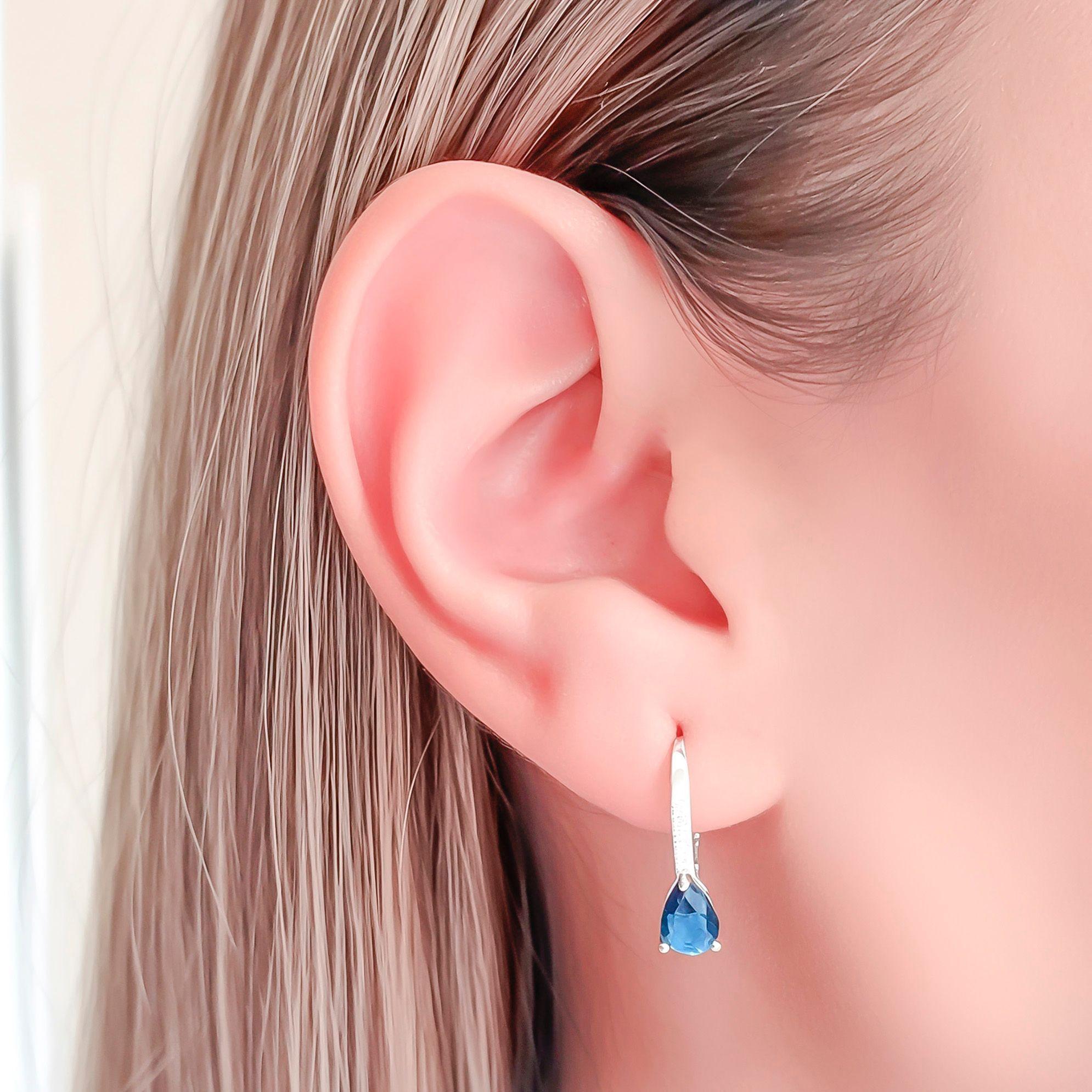Aros Gota Circón Azul Plata Fina 925-3