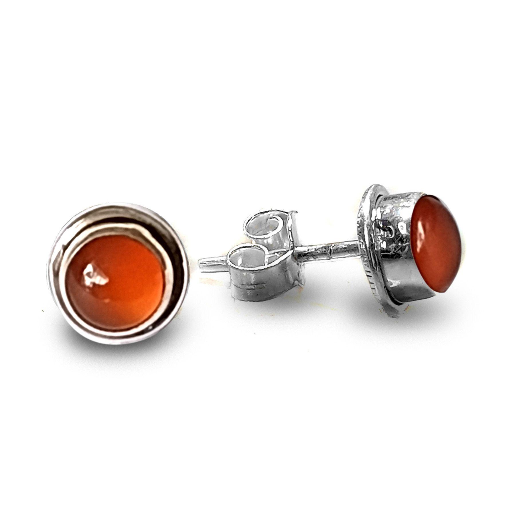 Aros Botón Piedra Natural Cornalina Plata Fina 925-0