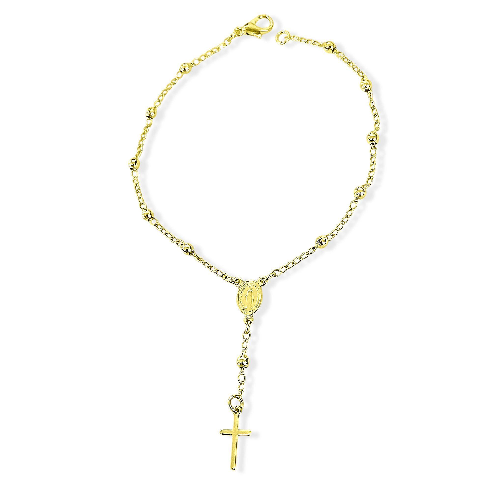 Pulsera Denario Bolitas Cruz Lisa Virgen De Los Rayos Enchapado Oro 18K-2