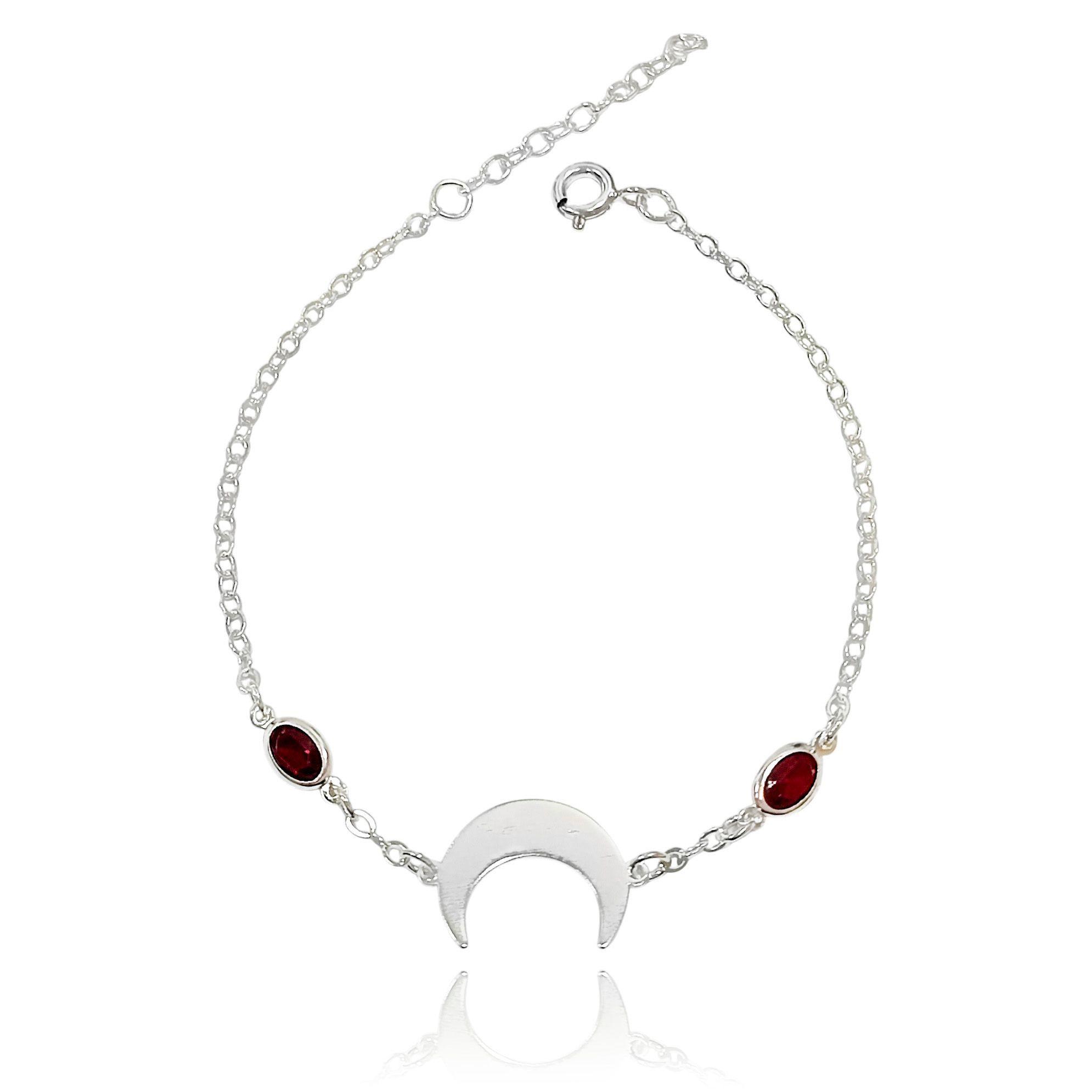 Pulsera Luna Invertida Circón Rojo Plata Fina 925-2