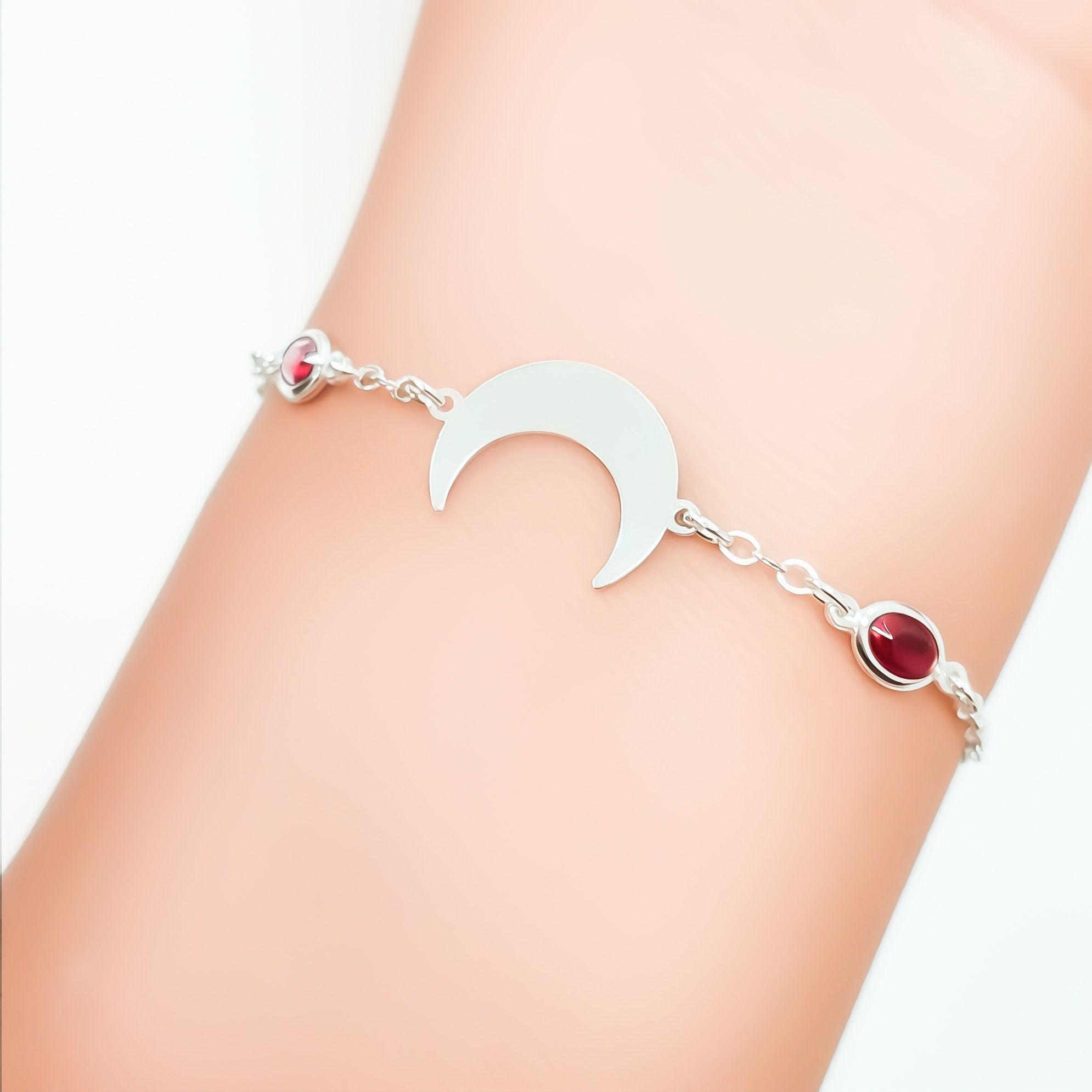 Pulsera Luna Invertida Circón Rojo Plata Fina 925-3