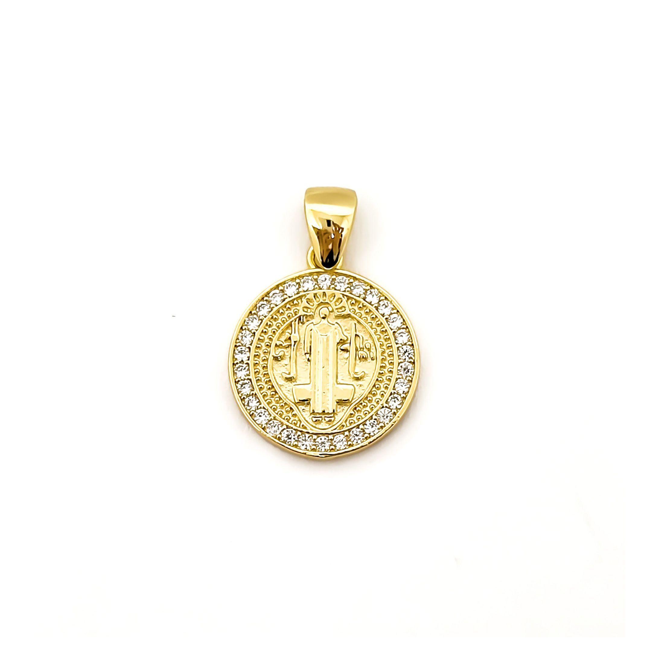 Colgante Medalla San Benito Circón 15mm Enchapado Oro 18K-0