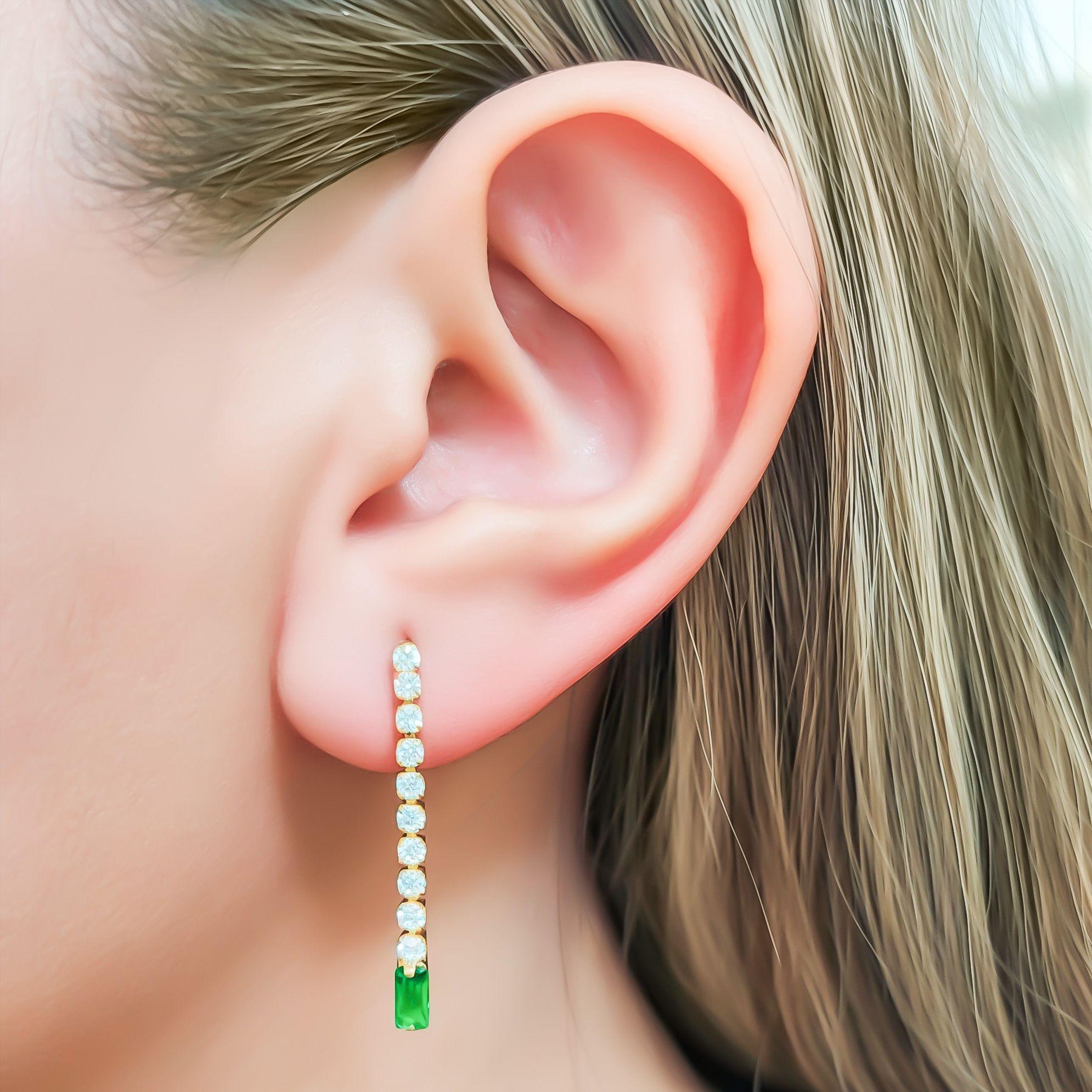 Aros Largo Colgante Rectángulo Circón Blanco Verde Enchapado Oro 18K -2