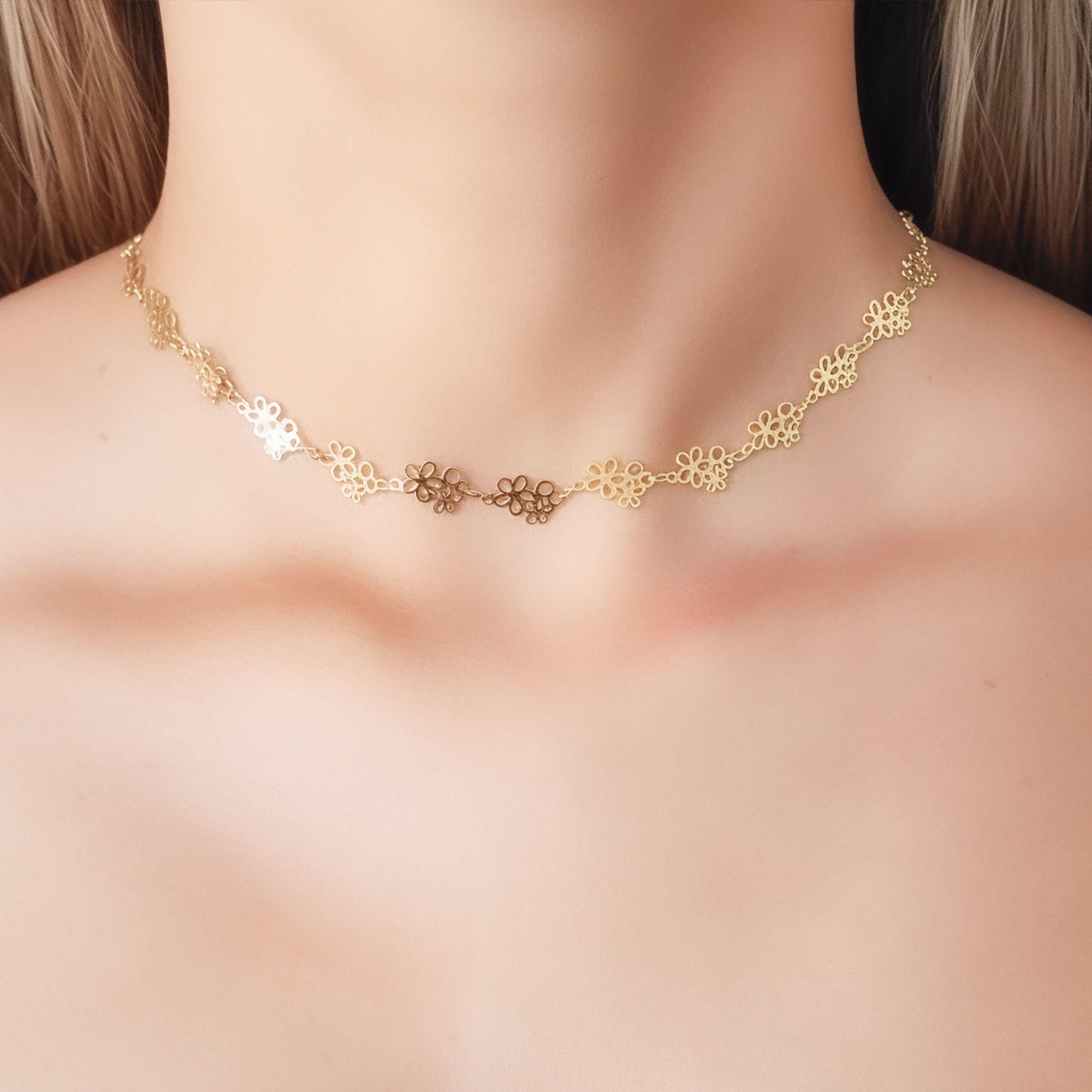 Collar Choker Doble Flor Calada Enchapado Oro 18K-1