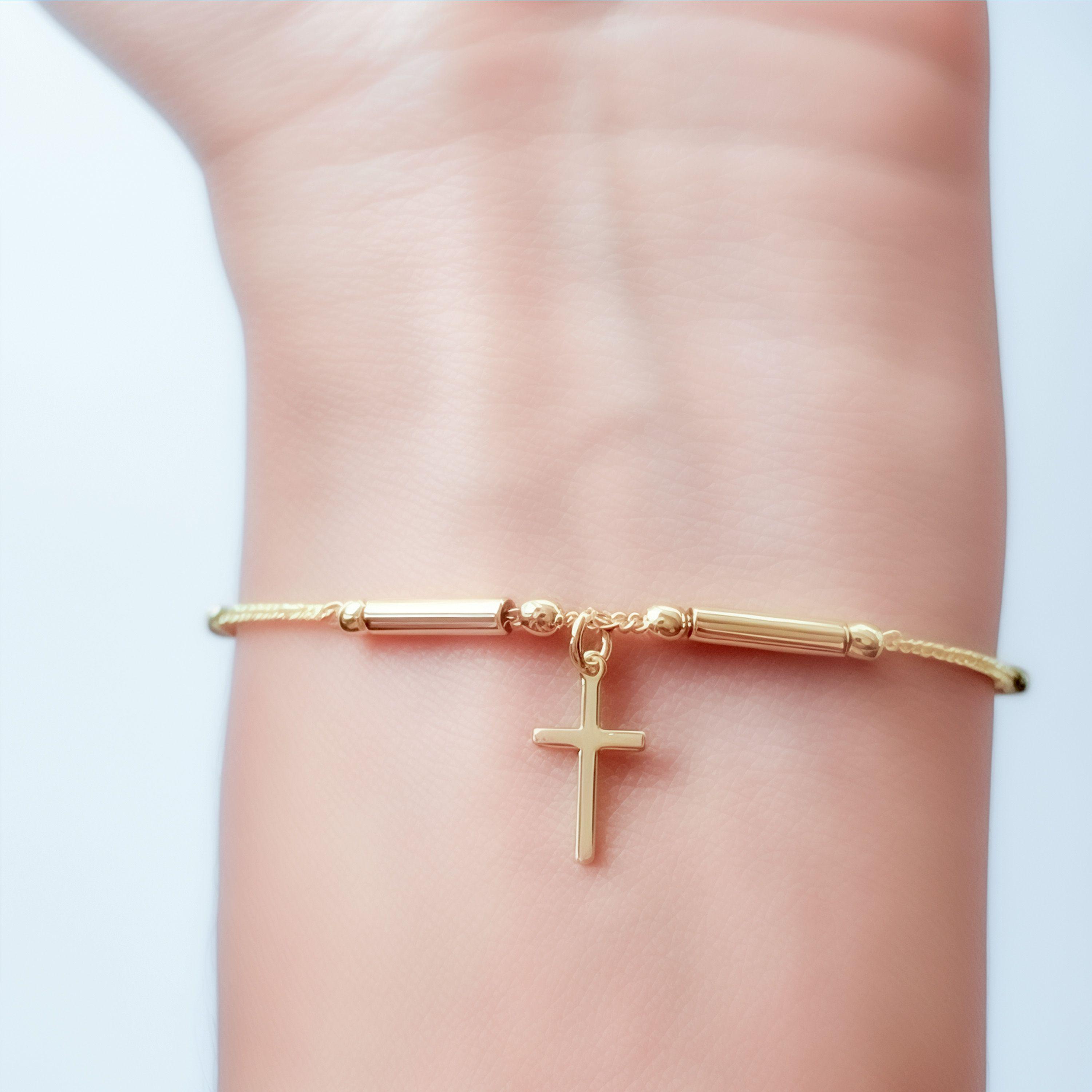 Pulsera Cadena Eslabón Tubo Cruz Enchapado Oro 18k -3