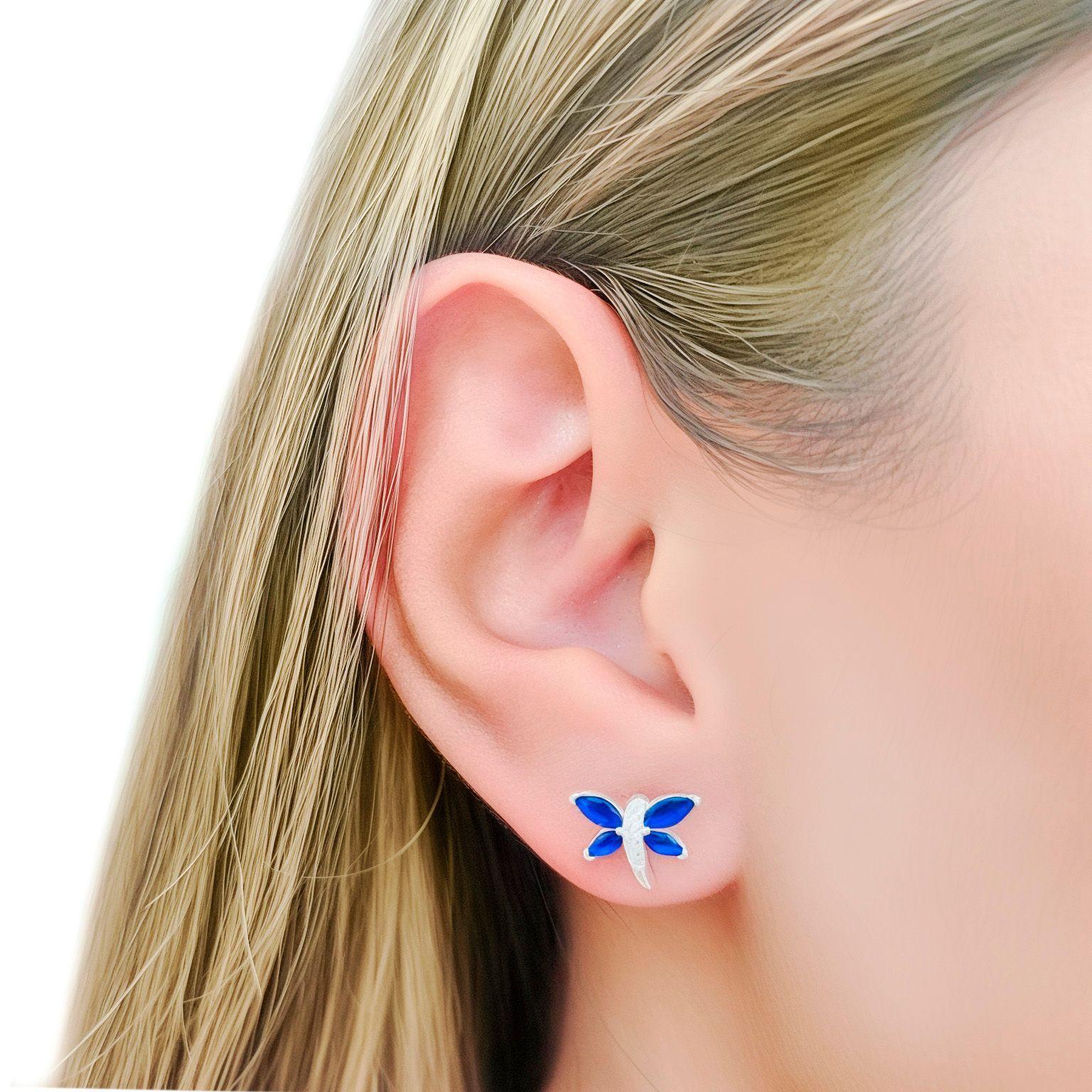 Aros Libélula Circón Azul Plata Fina 925-2