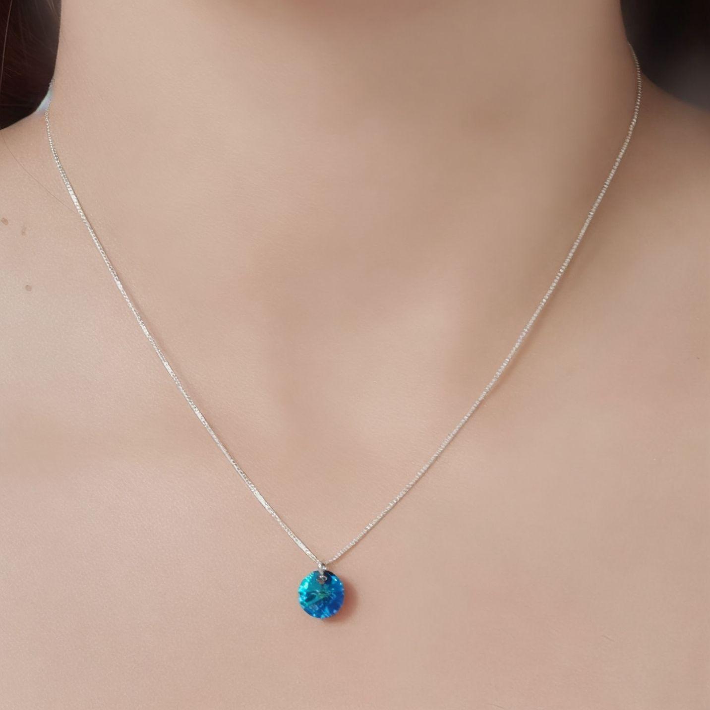 Collar Cristal Austriaco Azul Bermuda Punto de luz Plata Fina 925-2