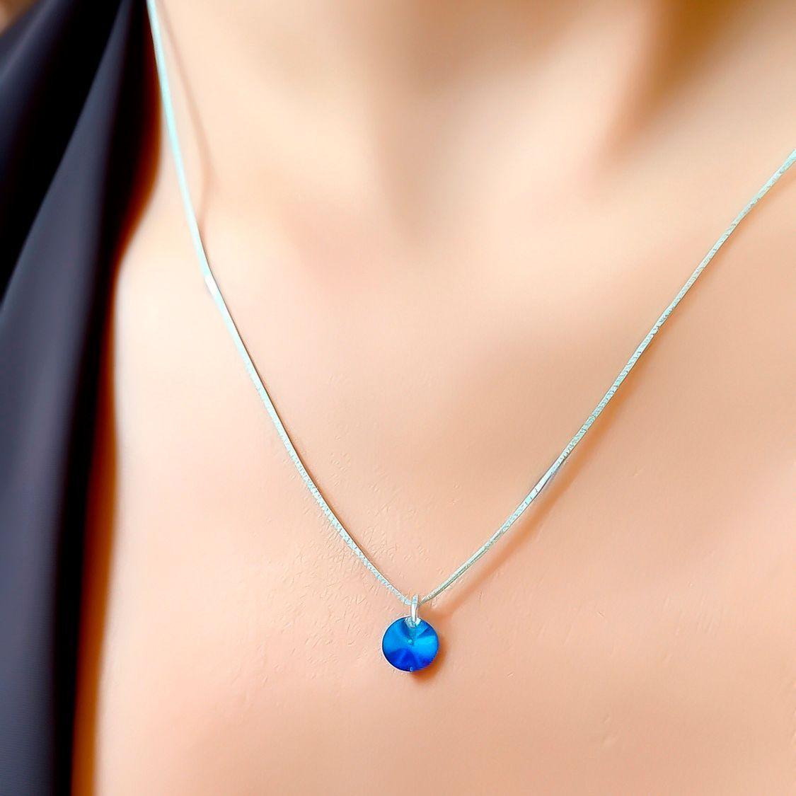 Collar Cristal Austriaco Azul Bermuda Punto de luz Plata Fina 925-2