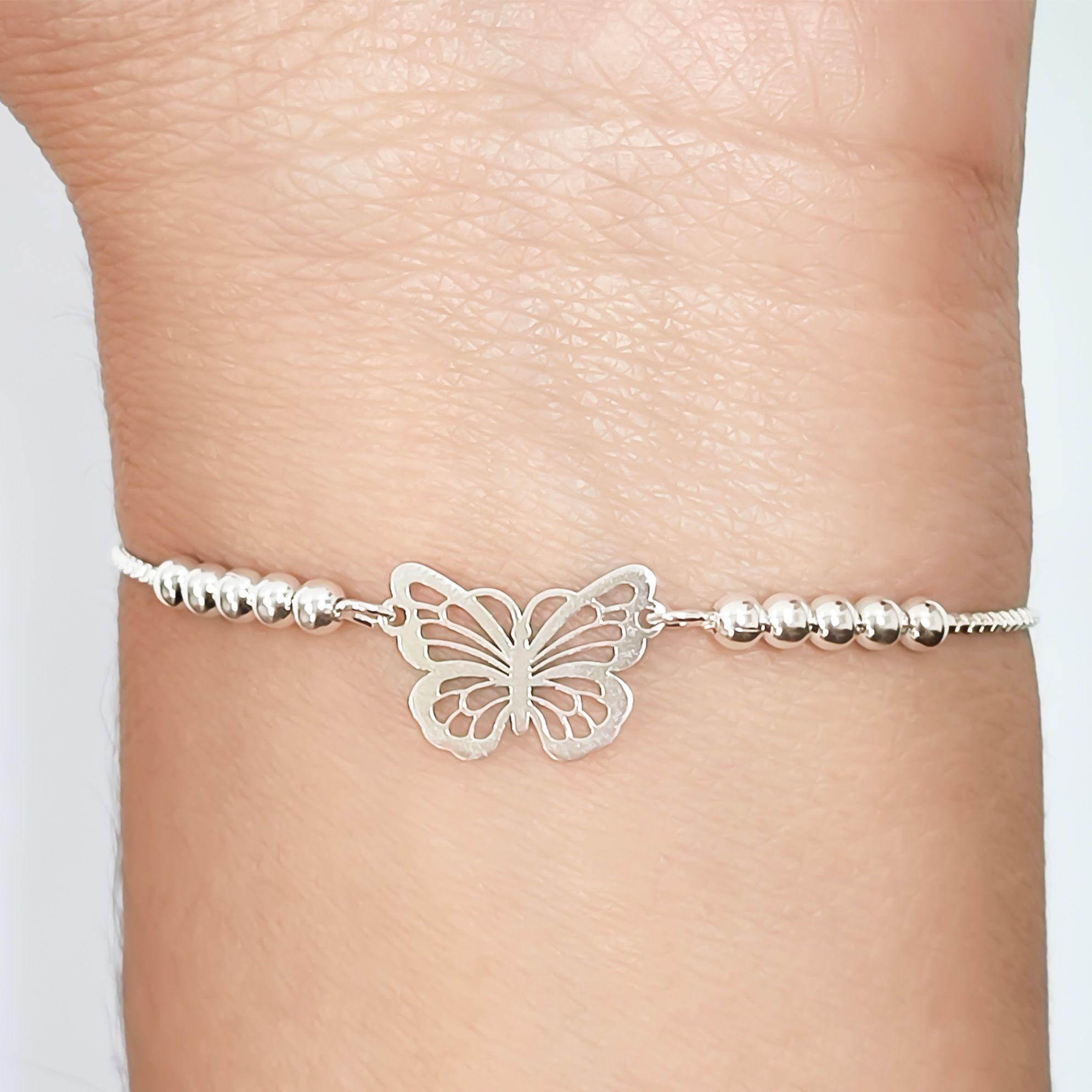 Pulsera Mariposa Calada Bolitas Plata Fina 925 Adaptable-2