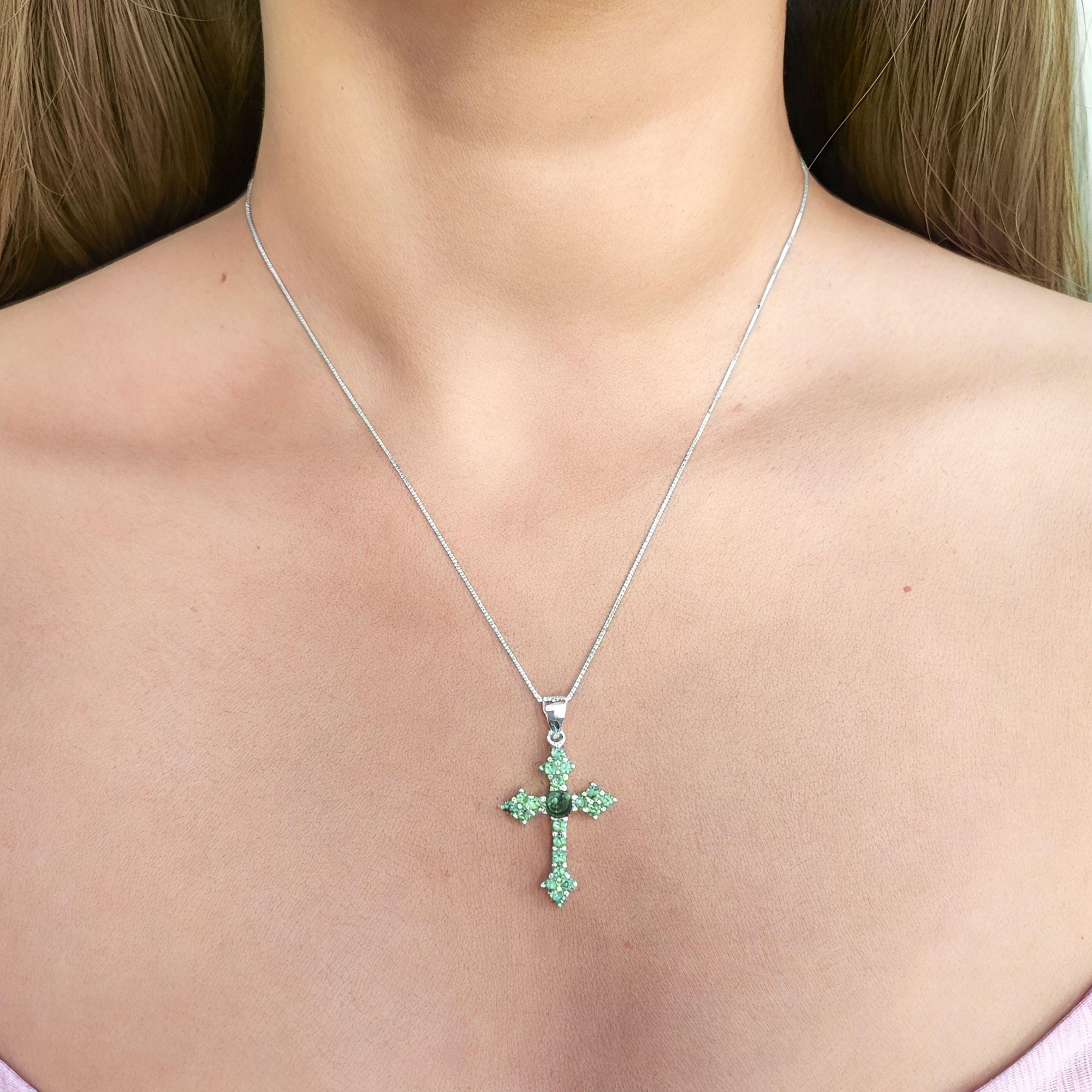 Collar Cruz Circón Verde Plata Fina 925-2