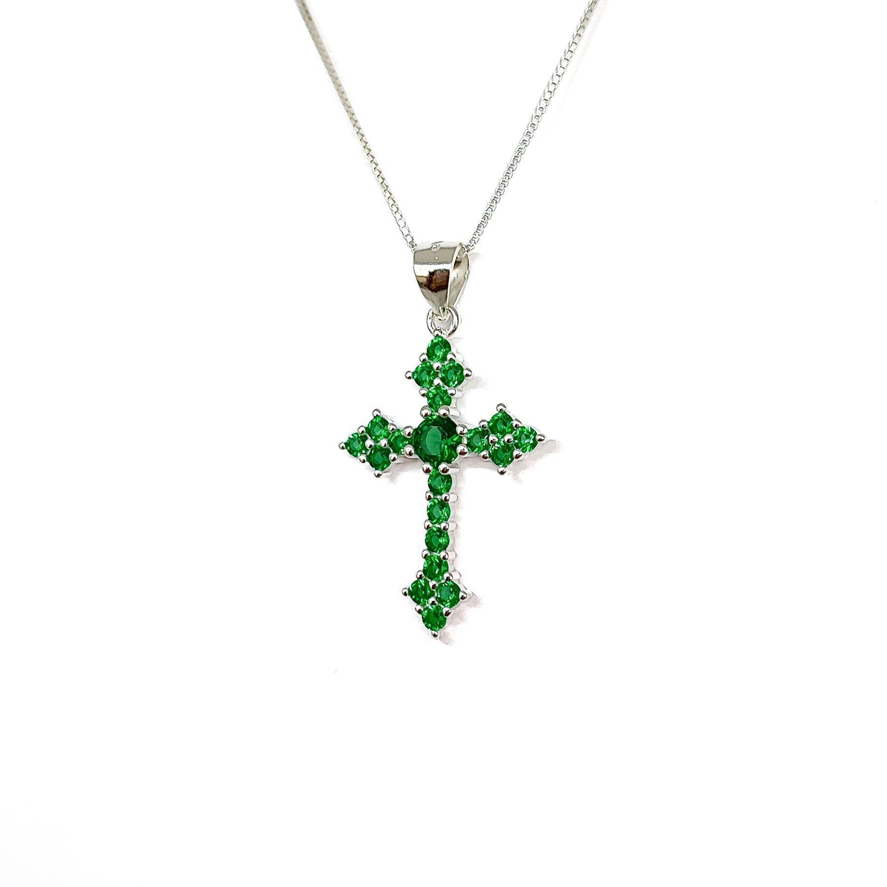 Collar Cruz Circón Verde Plata Fina 925-2