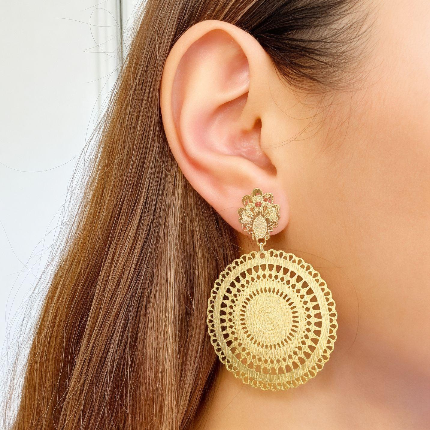 Aros Mandala Redondo Tope Barroco Enchapado Oro 18K-3