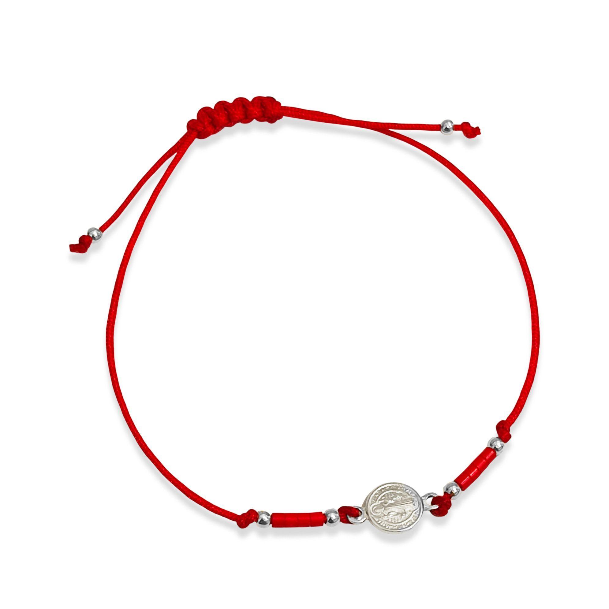 Pulsera Medalla San Benito Plata Fina 925 Mostacilla Cordón Rojo-2