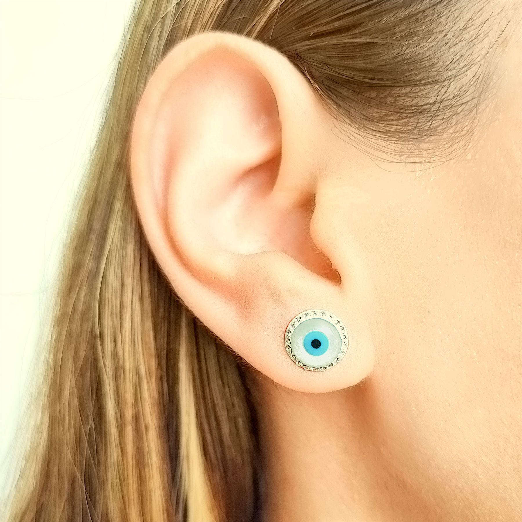 Aros Ojos Turcos Nácar Strass 10mm Plata Fina 925-2