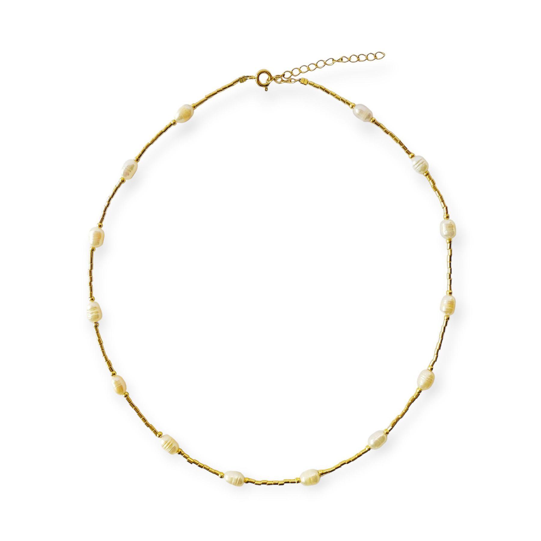 Collar Perlas De Río Naturales Mostacillas Enchapadas Oro 18K-0