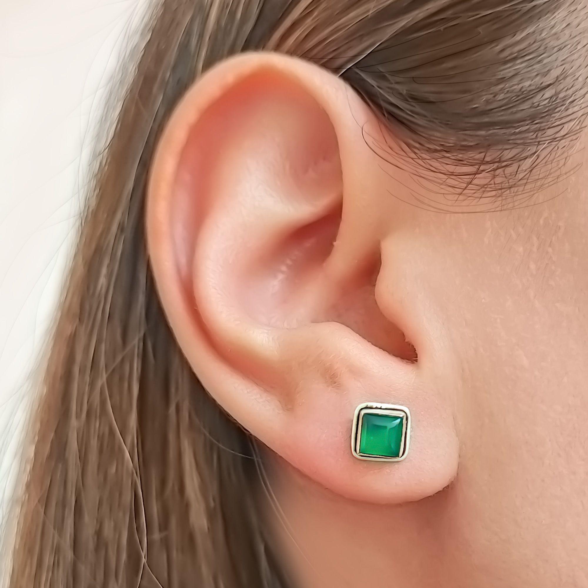 Aros Botón Cuadrado Jade Plata Fina 925-2