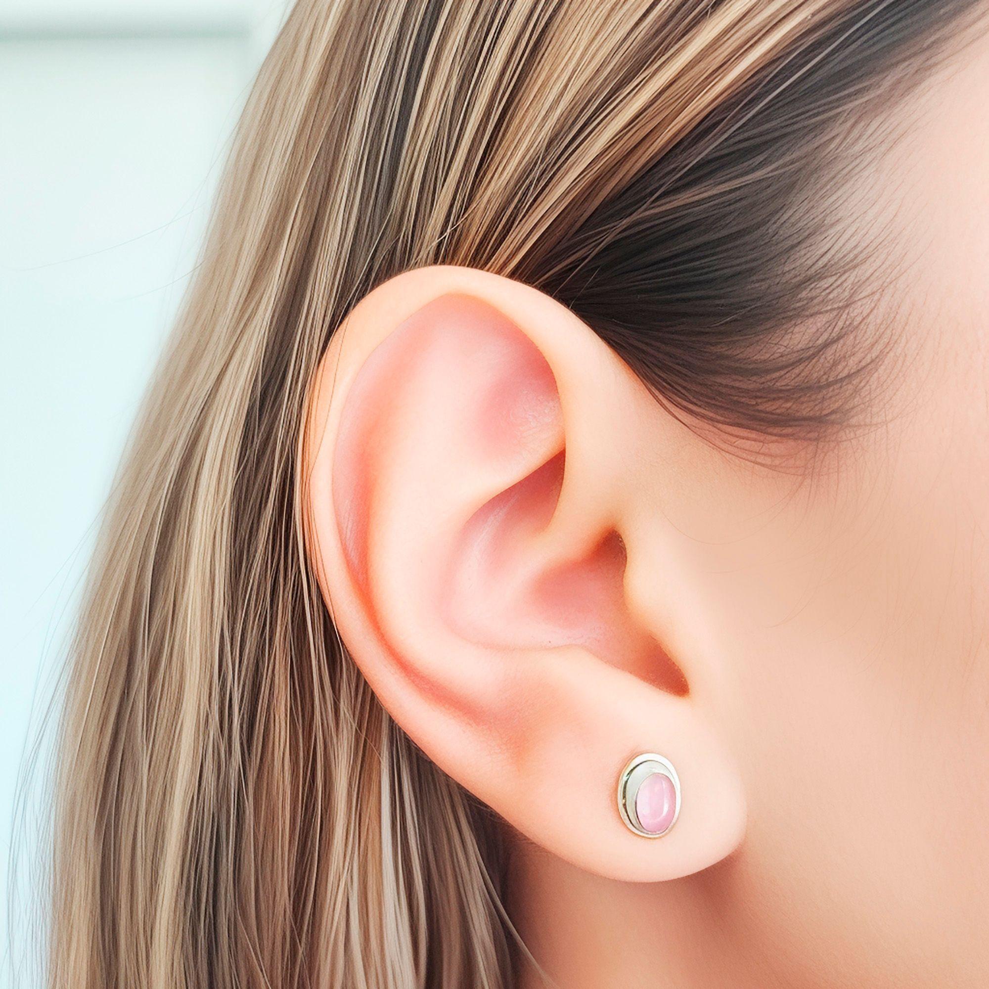 Aros Botón Óvalo Cuarzo Rosa Plata Fina 925-2