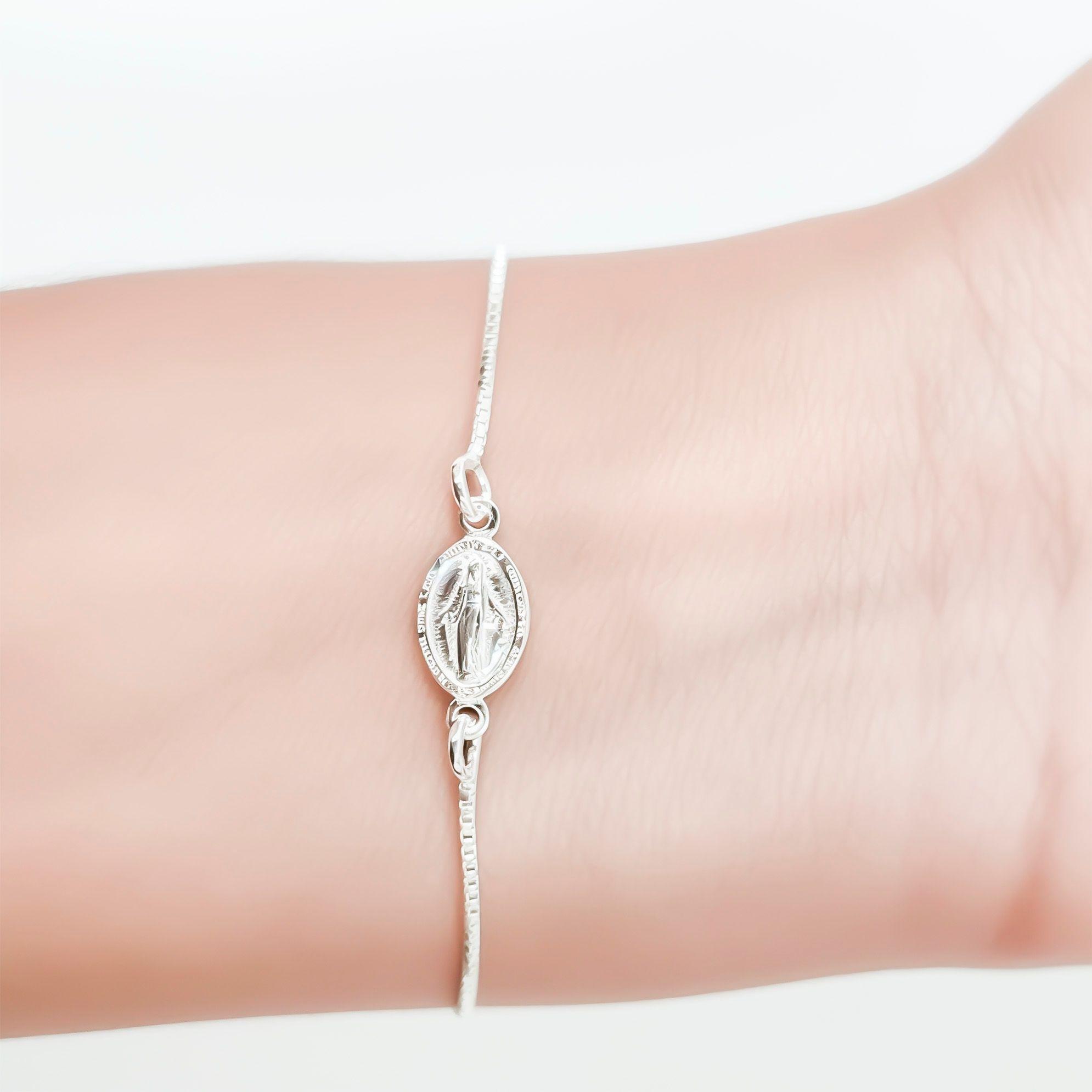 Pulsera Medalla Virgen De Los Rayos Borde Plata Fina 925-2