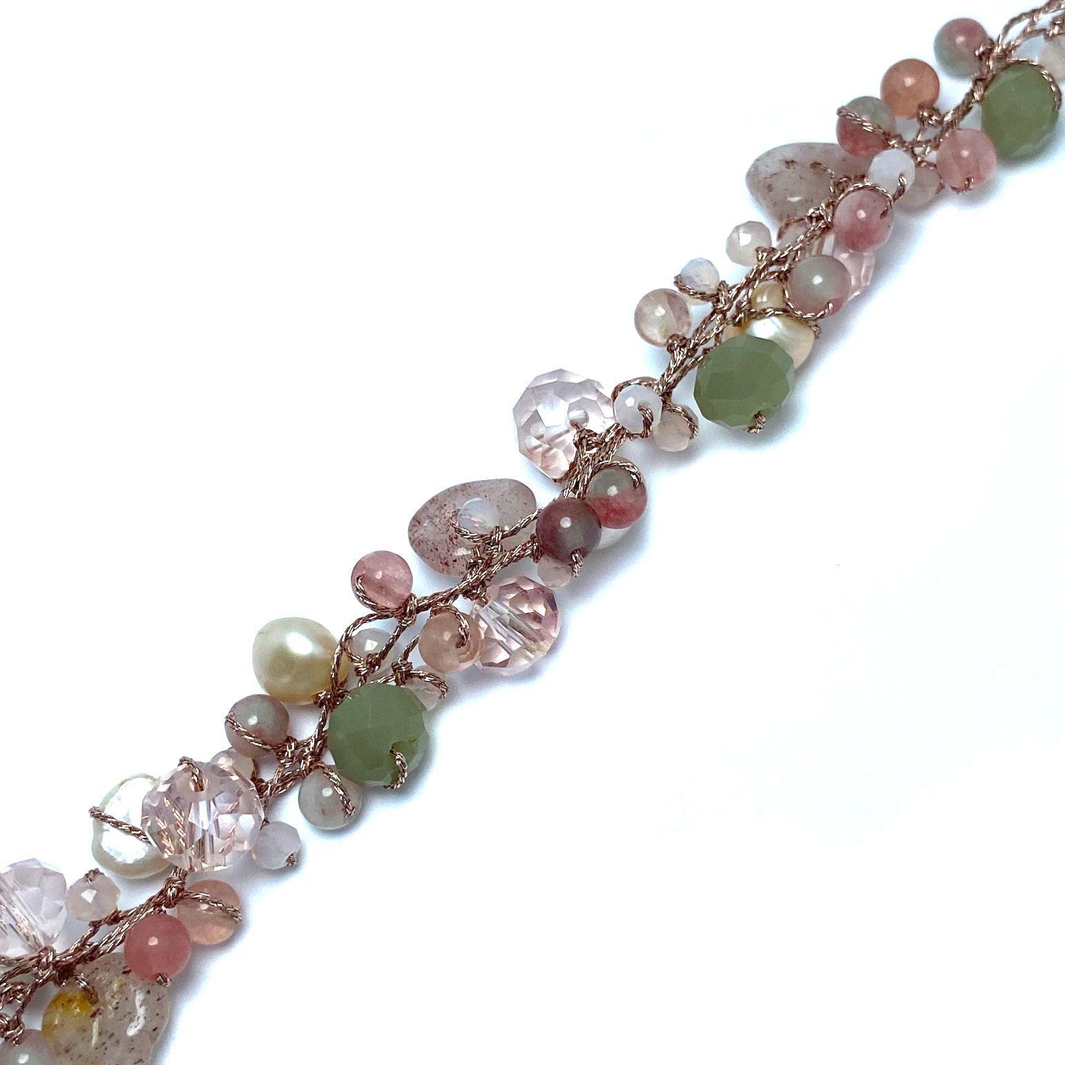 Pulsera Cuarzo Rosado Perla Cristal Hilo Seda-1