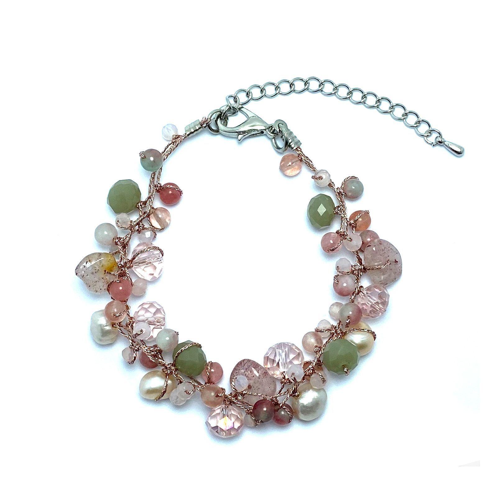 Pulsera Cuarzo Rosado Perla Cristal Hilo Seda-0