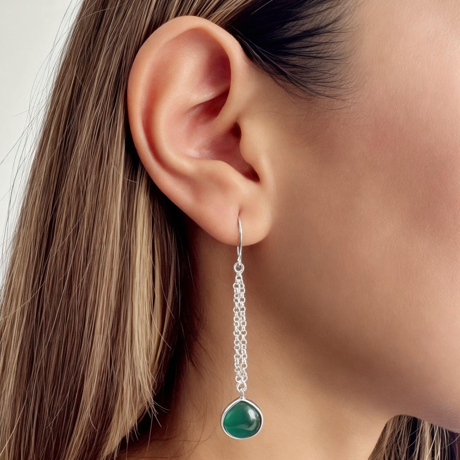 Aros Gota Ónix Verde Colgante Gancho Plata Fina 925-2