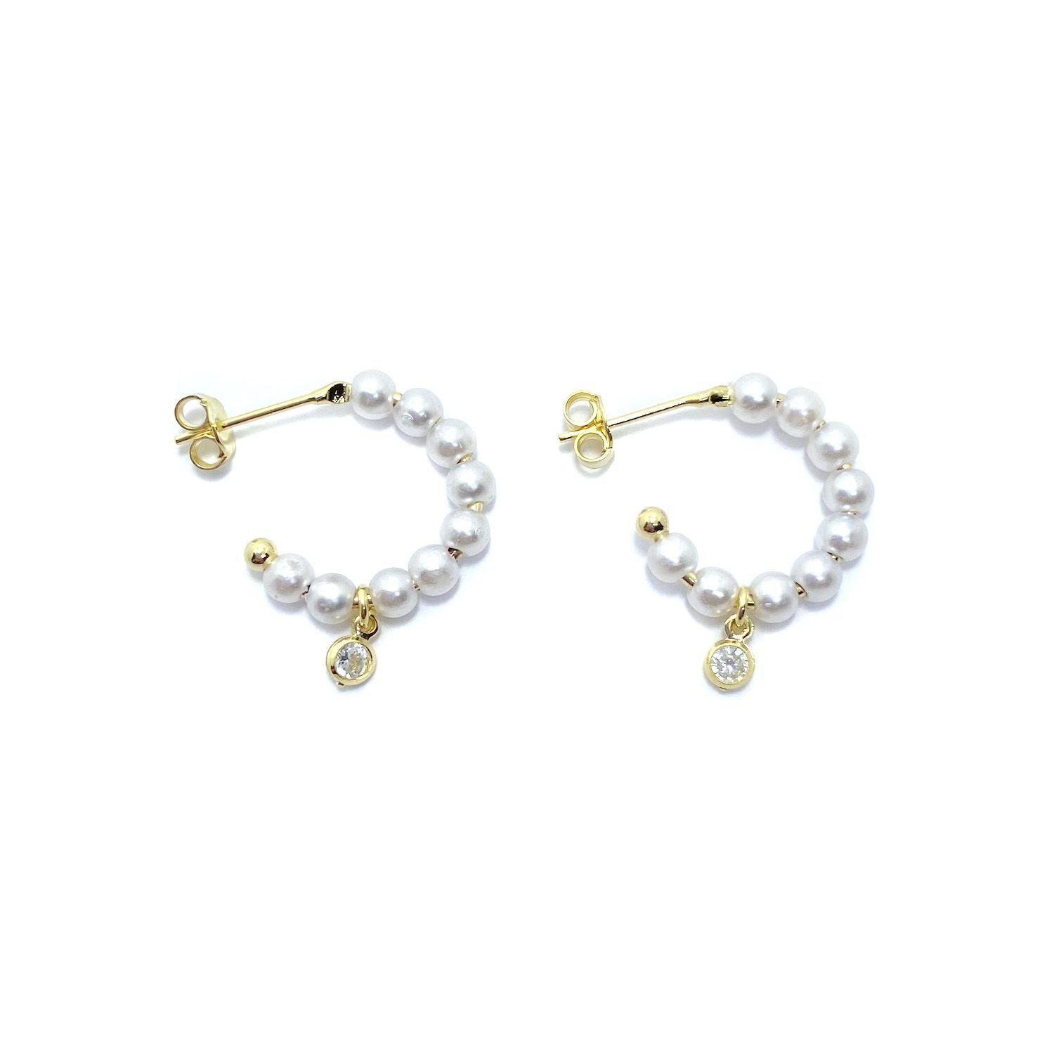 Aros Argollas Perla Sintética Circón Enchapado Oro 18K-2