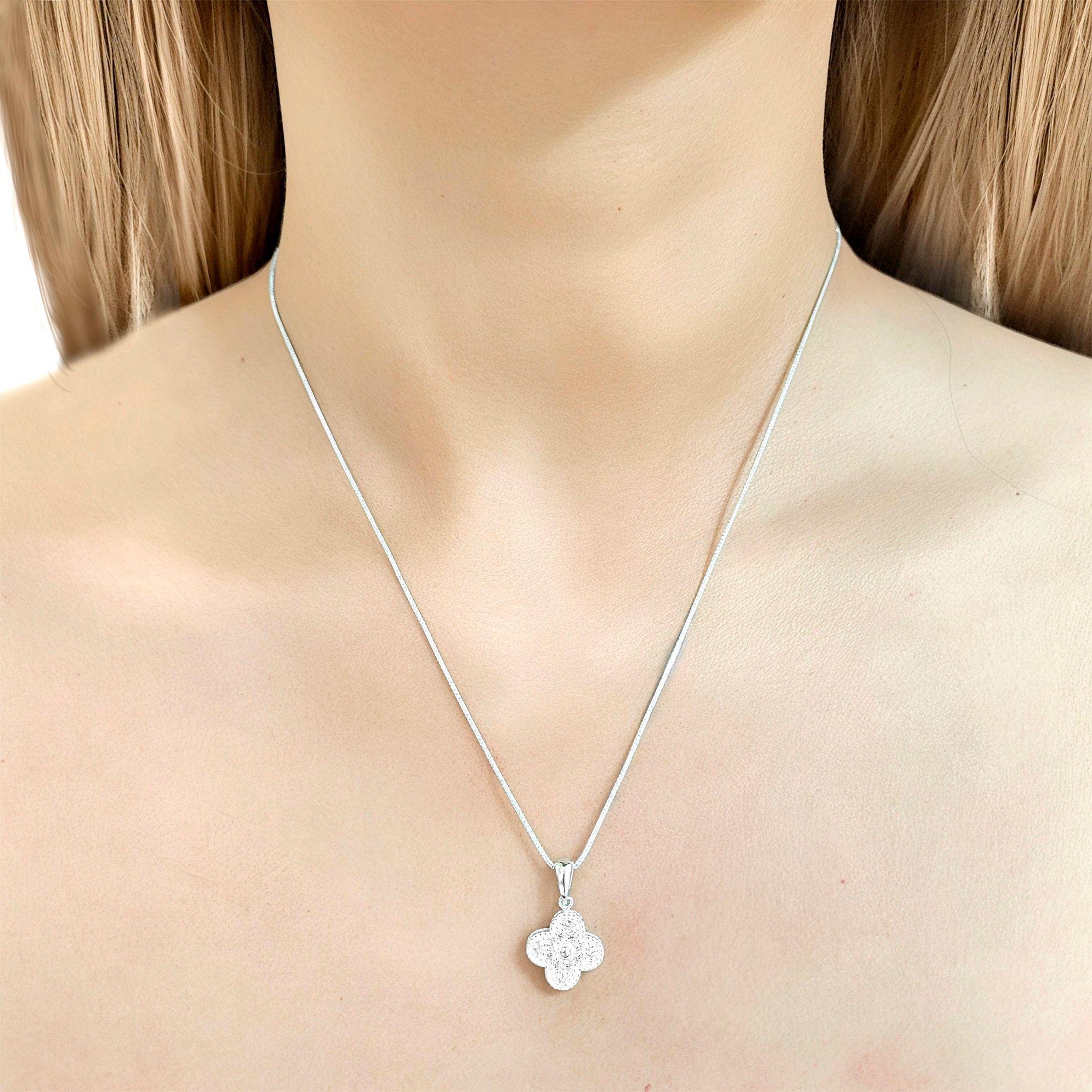 Collar Trébol 4 Hojas Circón Blanco Plata Fina 925-2