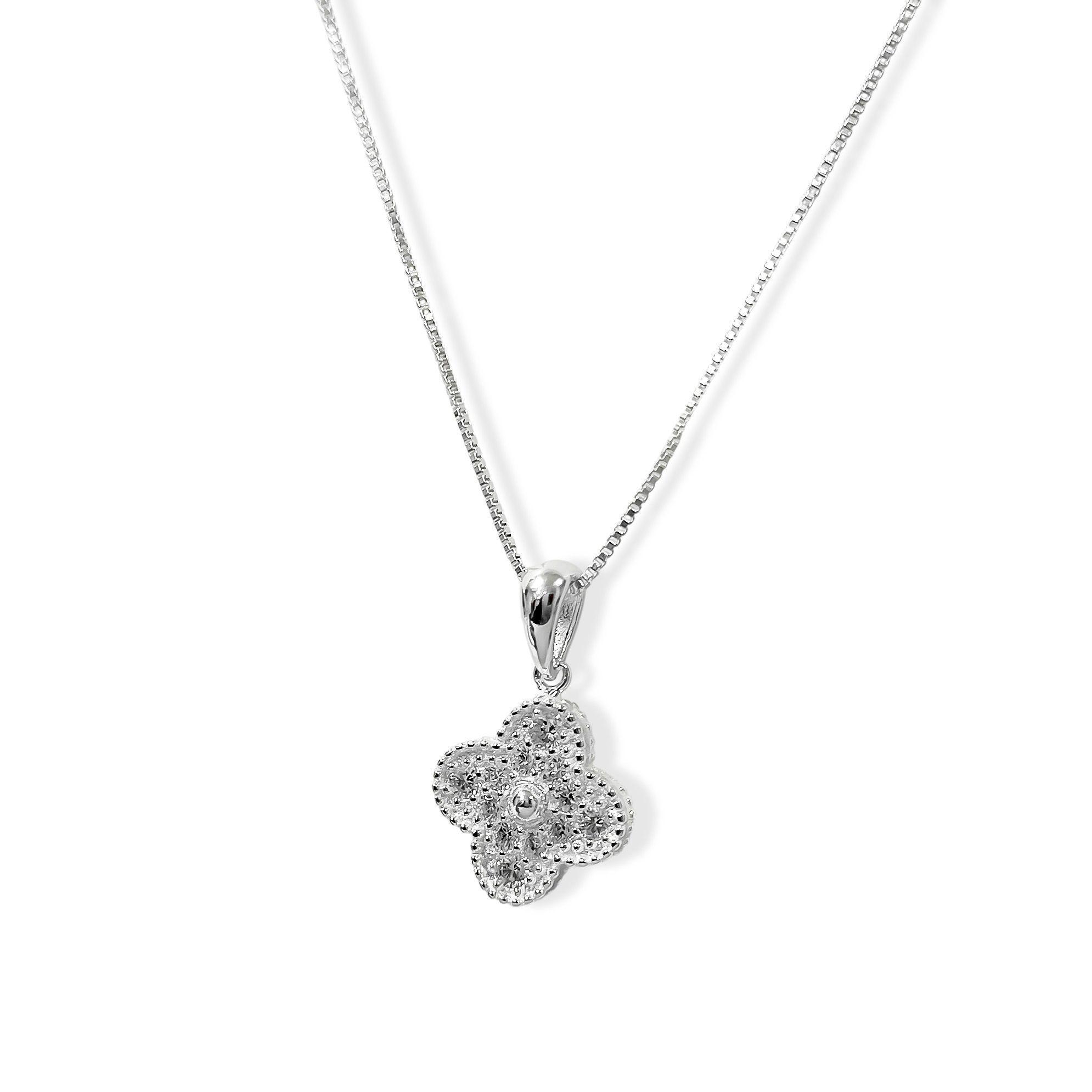 Collar Trébol 4 Hojas Circón Blanco Plata Fina 925-2