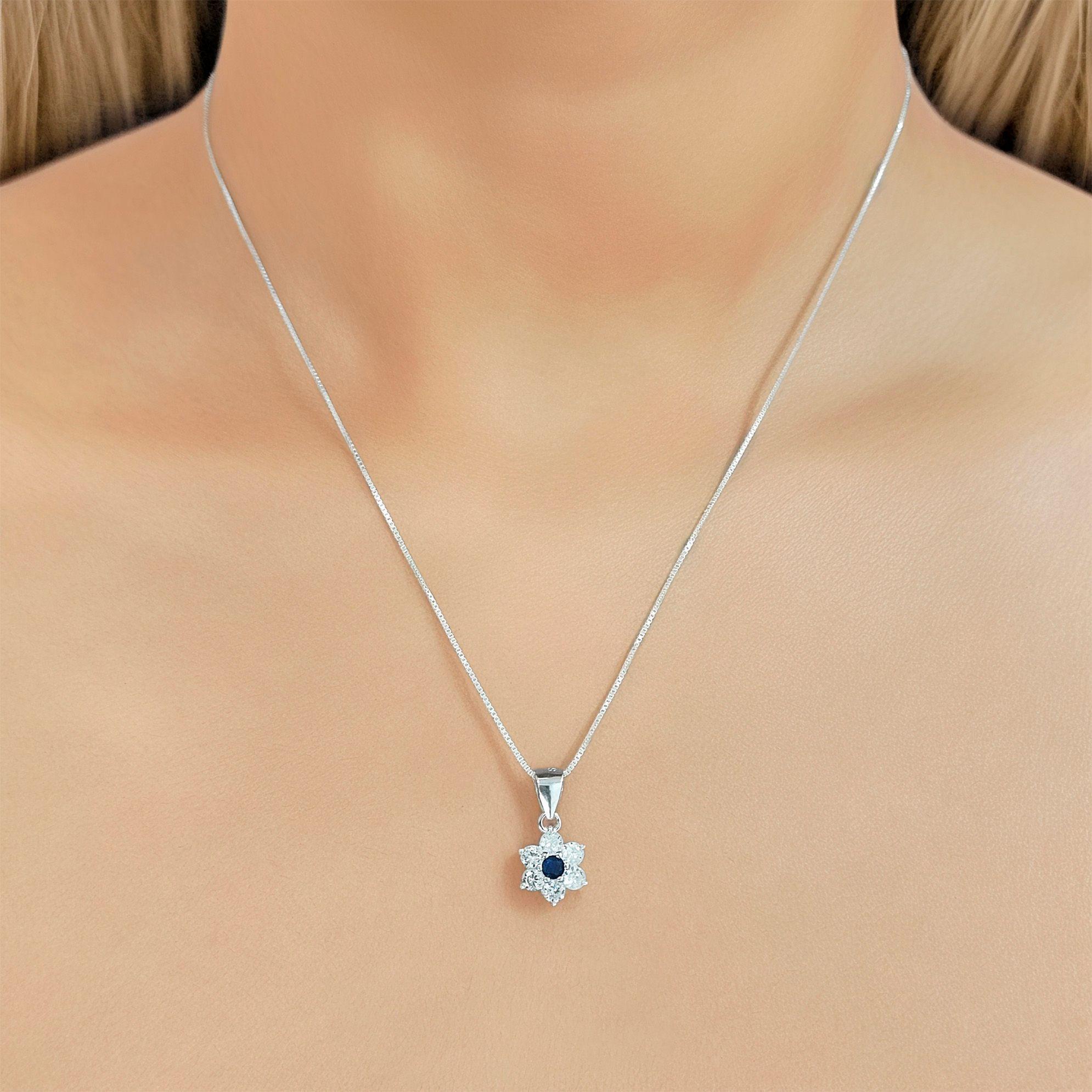 Collar Roseta Circón Blanco Azul Plata Fina 925-2