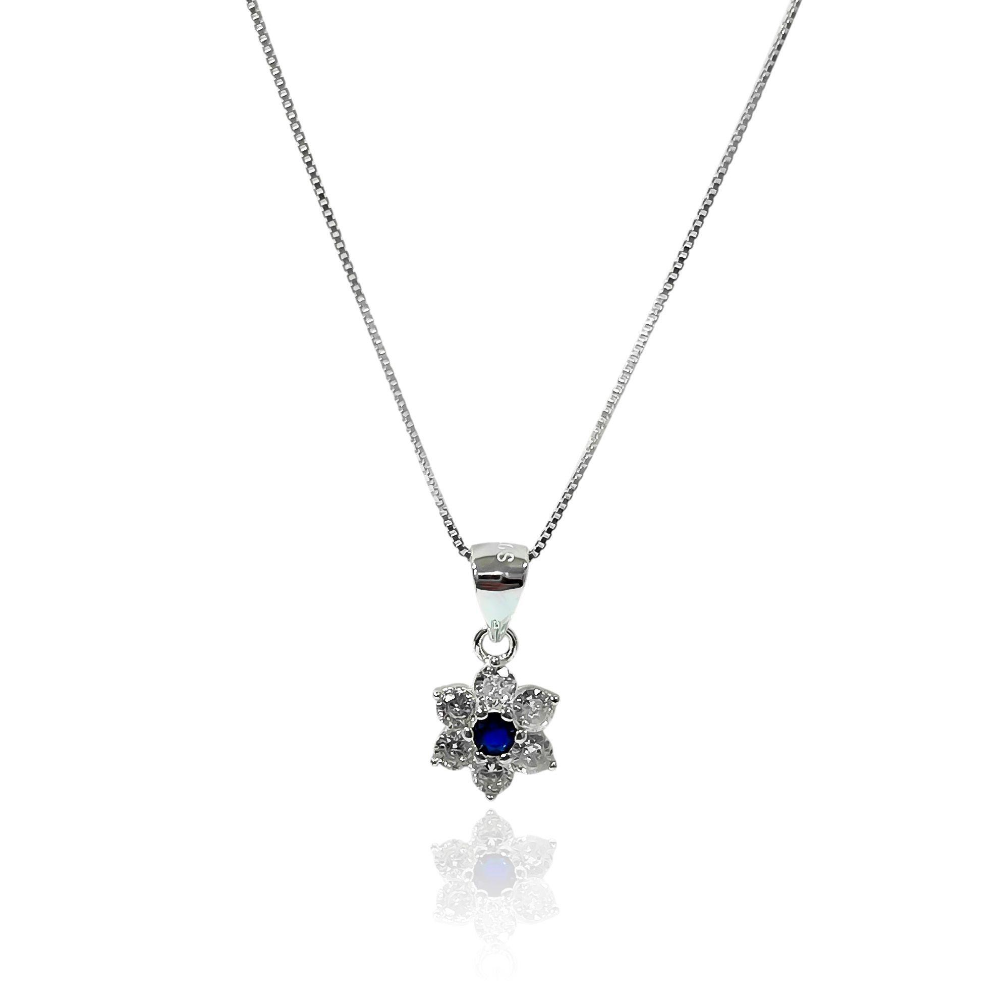 Collar Roseta Circón Blanco Azul Plata Fina 925-2