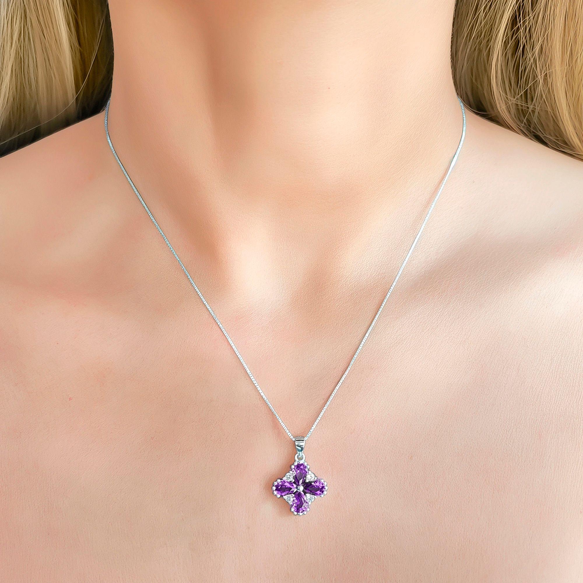 Collar Trébol Circón Morado Plata Fina 925-2