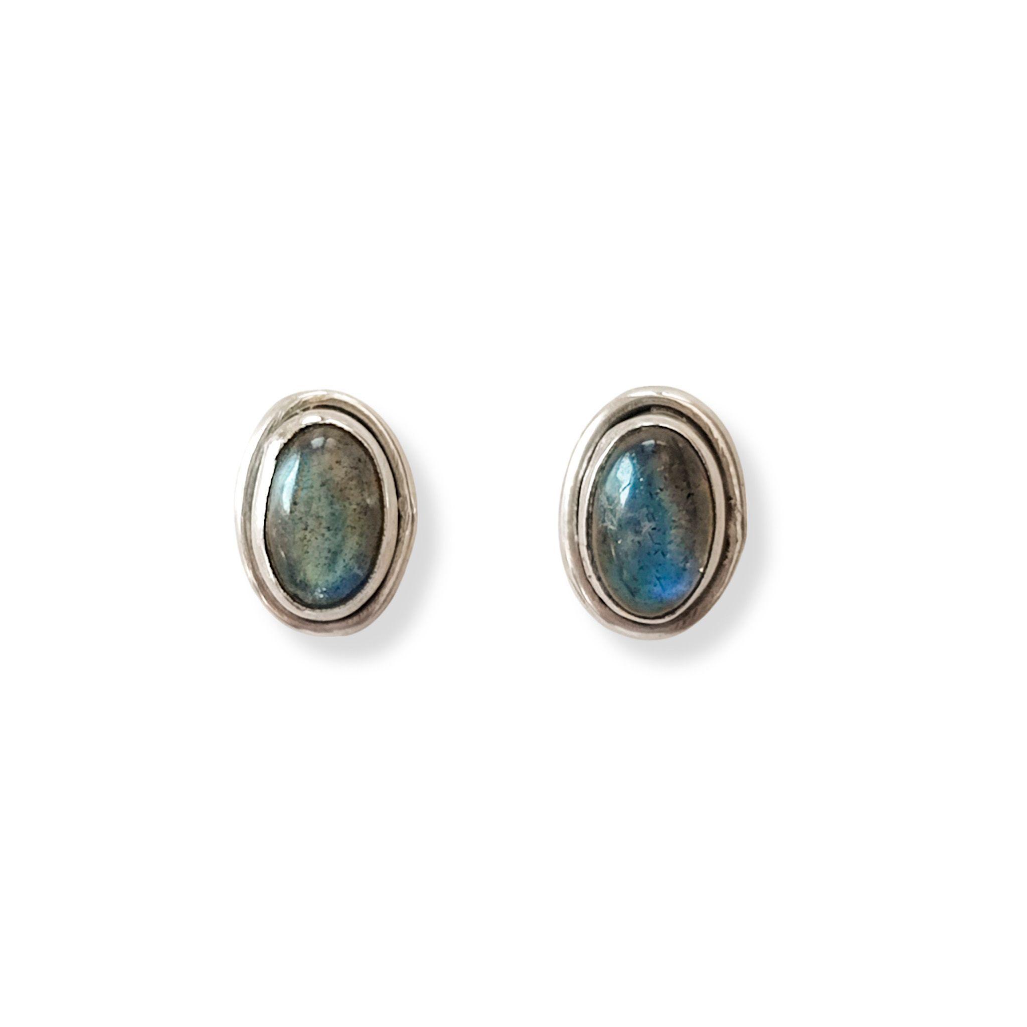 Aros Botón Óvalo Labradorita Plata Fina 925-0