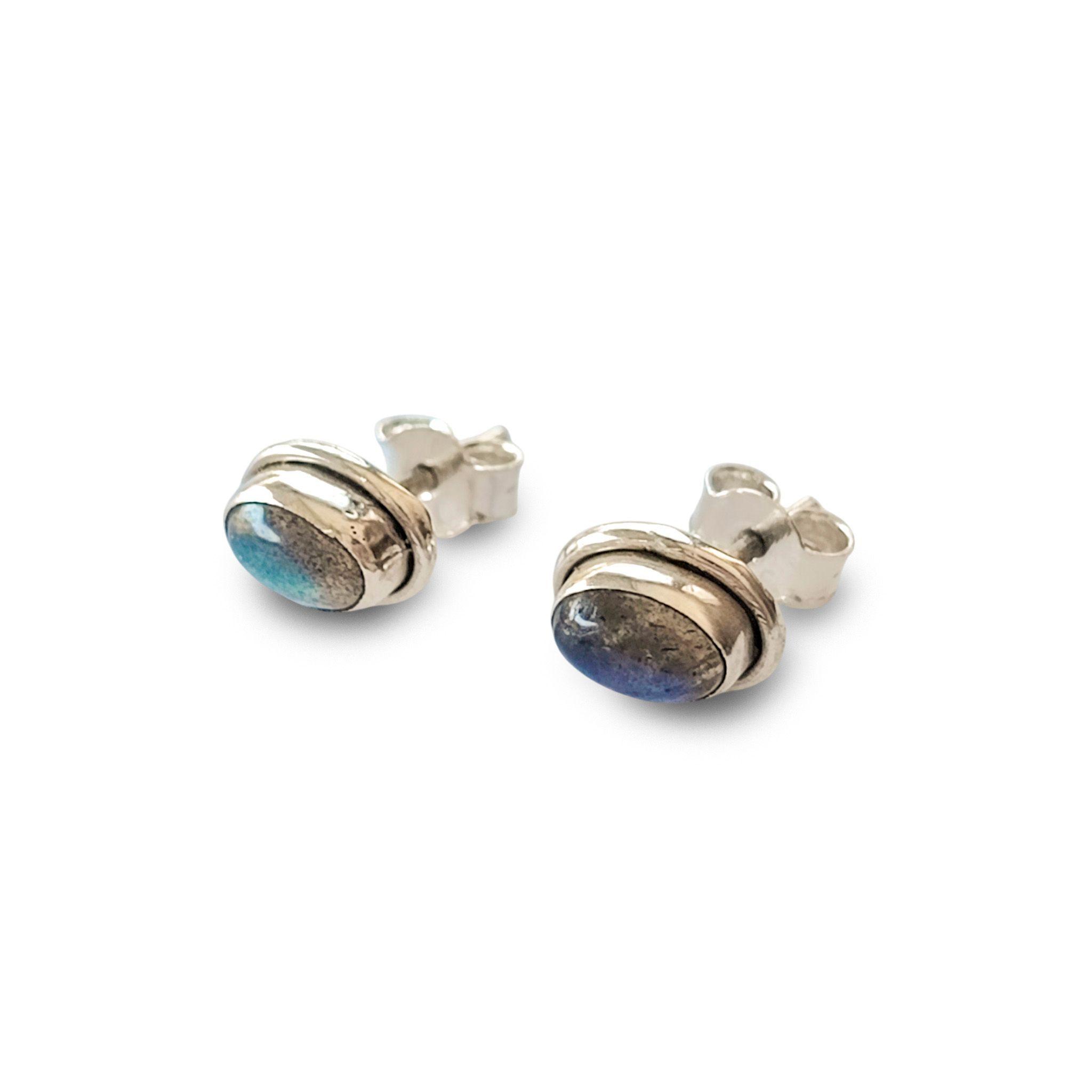Aros Botón Óvalo Labradorita Plata Fina 925-1