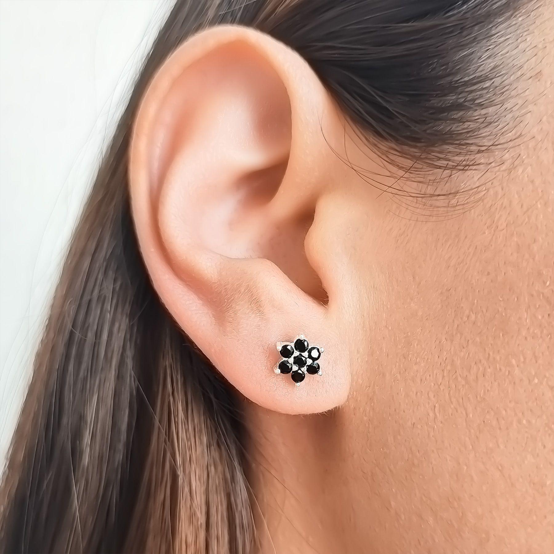 Aros Flor Circón Negro Plata Fina 925-2