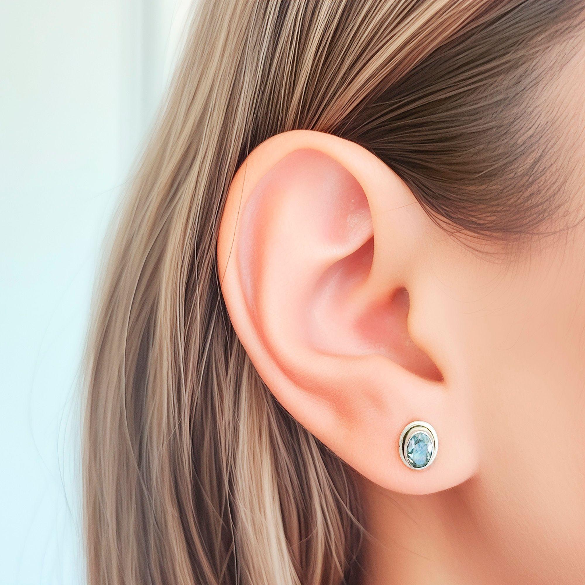 Aros Botón Óvalo Topacio Celeste Plata Fina 925-2