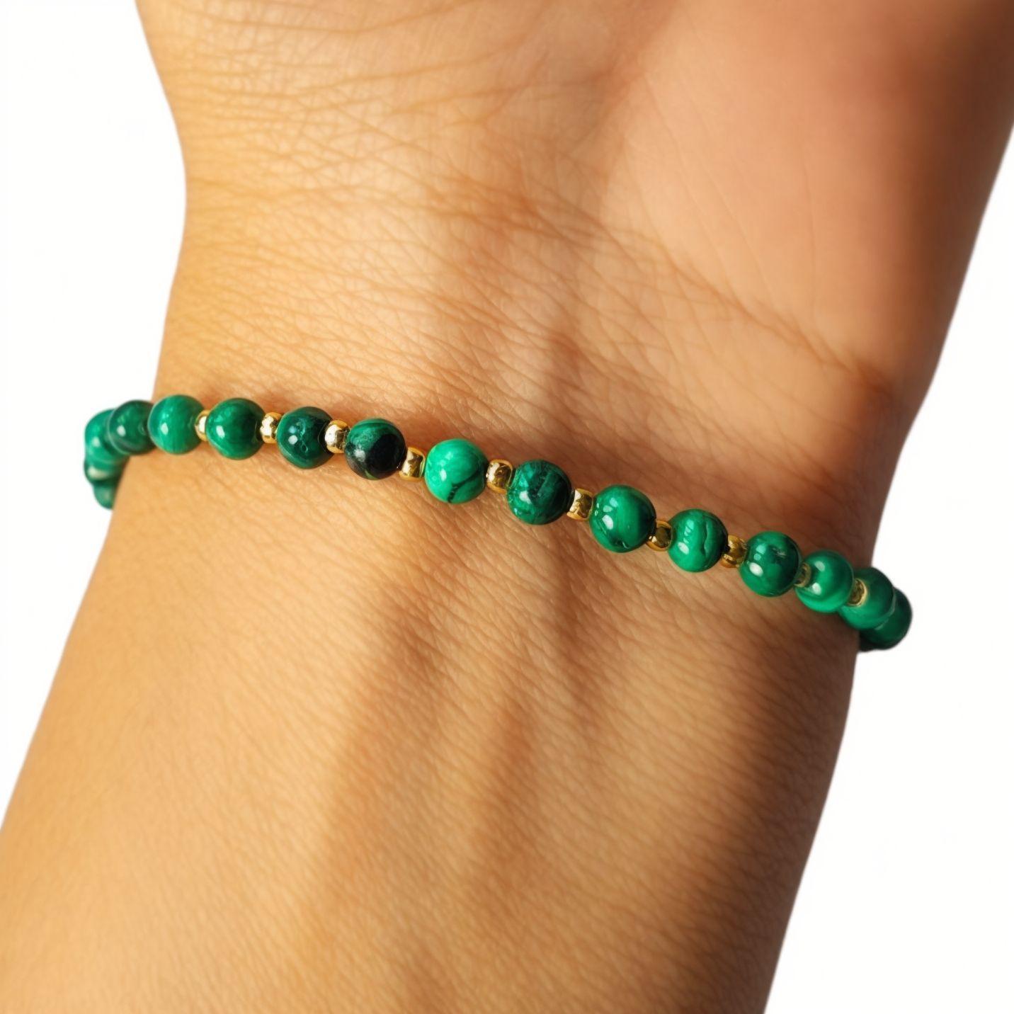 Pulsera Malaquita Bola 4mm Enchapado Oro 18K-2