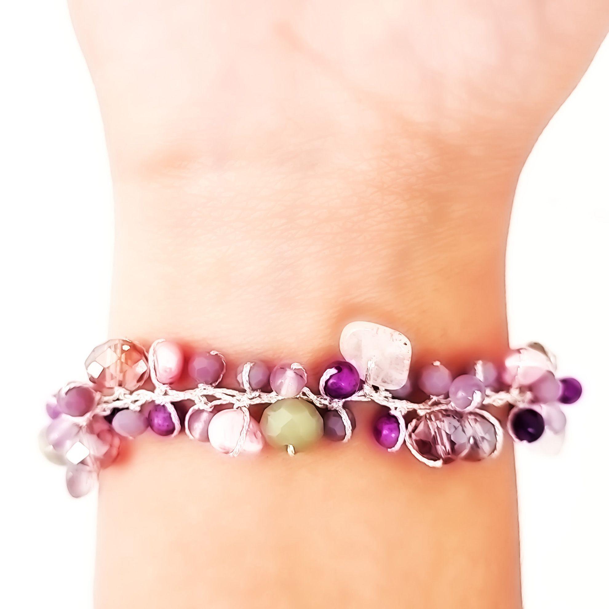 Pulsera Mix Piedra Cristal Perla De Río Hilo Seda Plateado-1