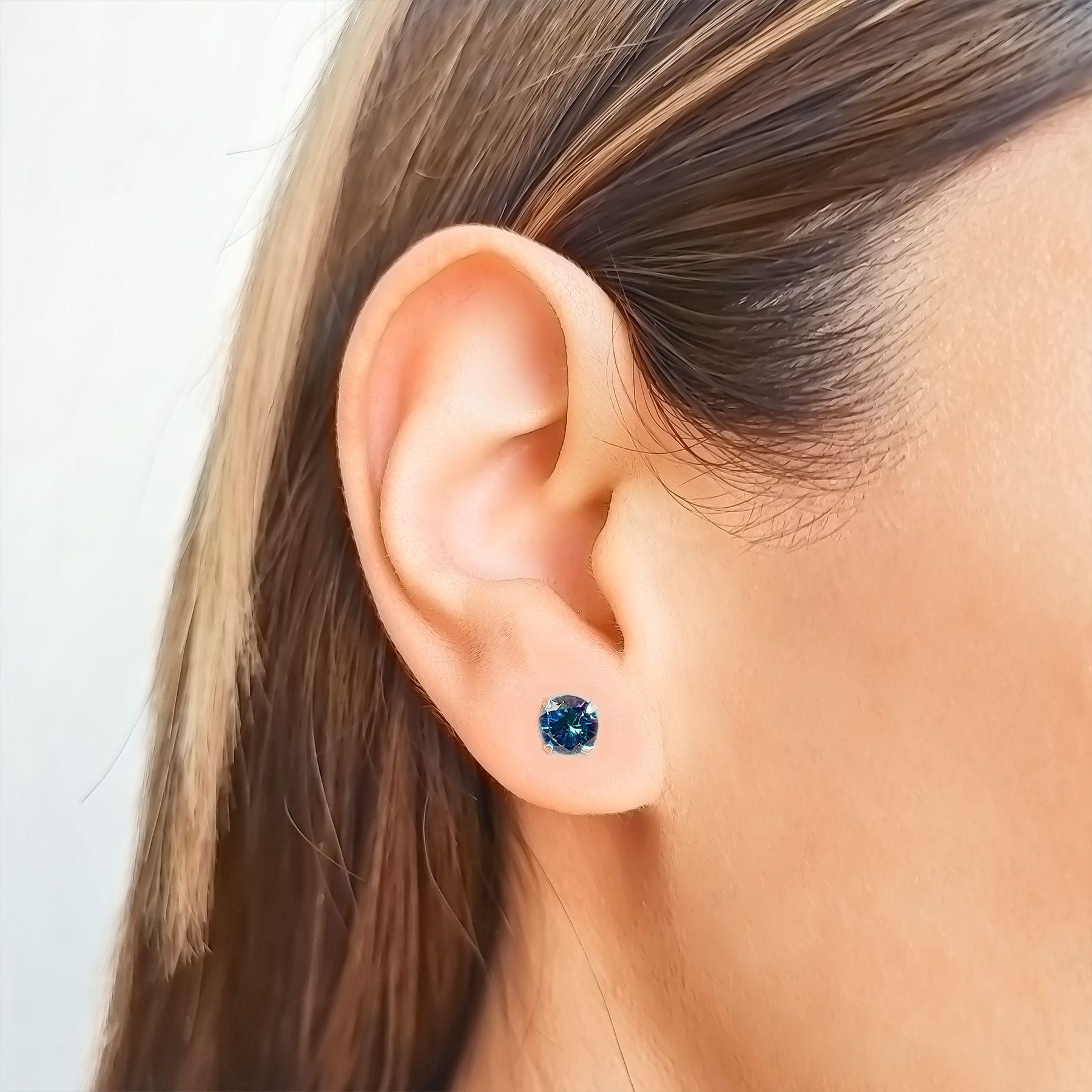 Aros Circón Azul Tornasol Solitario 6mm Plata Fina 925-2