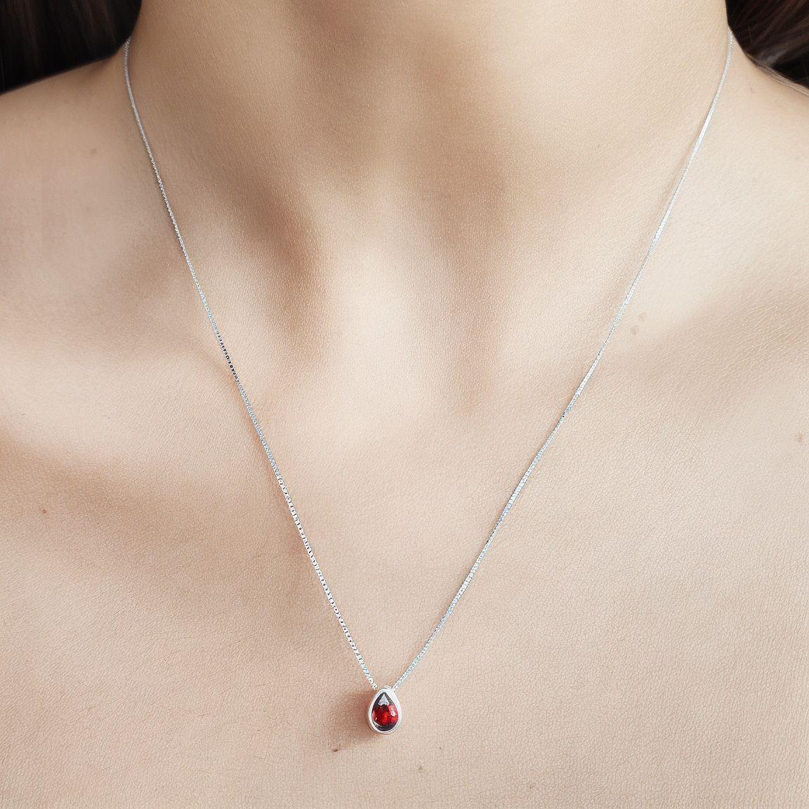 Collar Punto de Luz Gota Circón Rojo Plata Fina 925-3