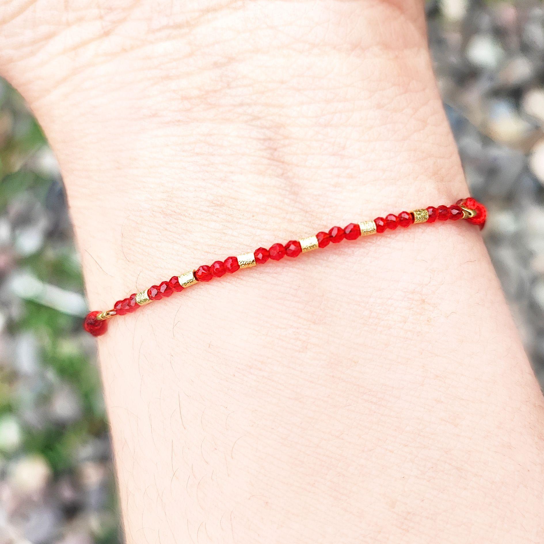 Pulsera Cristal Rojo Mostacilla Enchapado Oro 18 K Ajustable-2