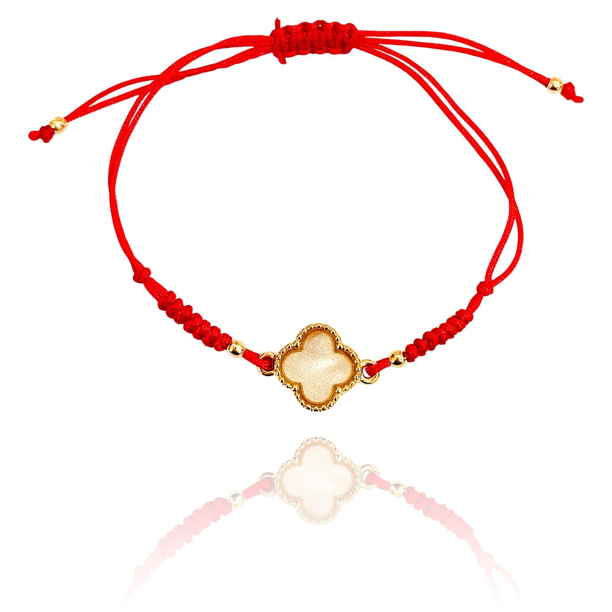 Pulsera Trébol Nácar Enchapado Oro 18K Cordón Rojo-2