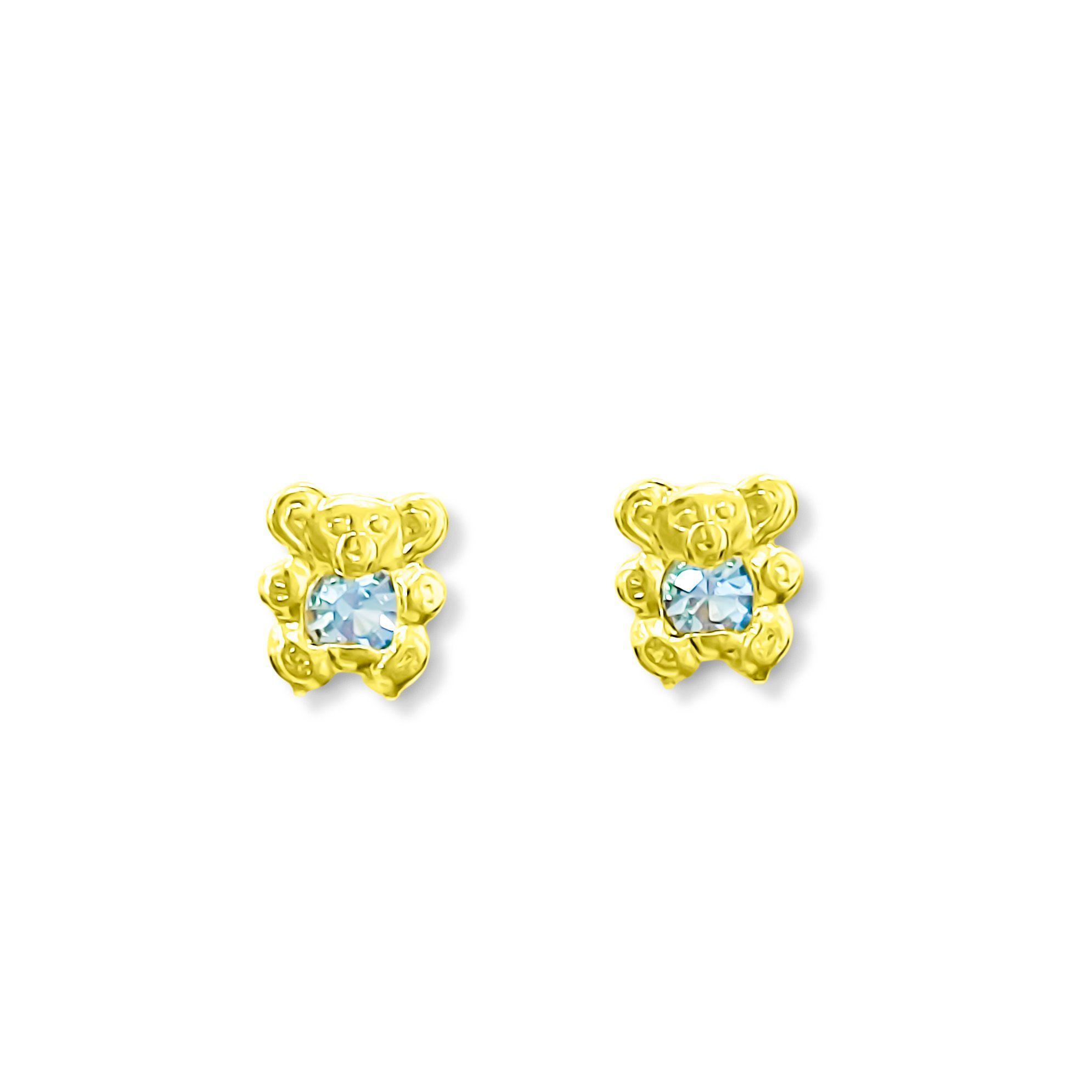 Aros Bebé Niña Oso Circón Celeste Enchapado Oro 18K-2