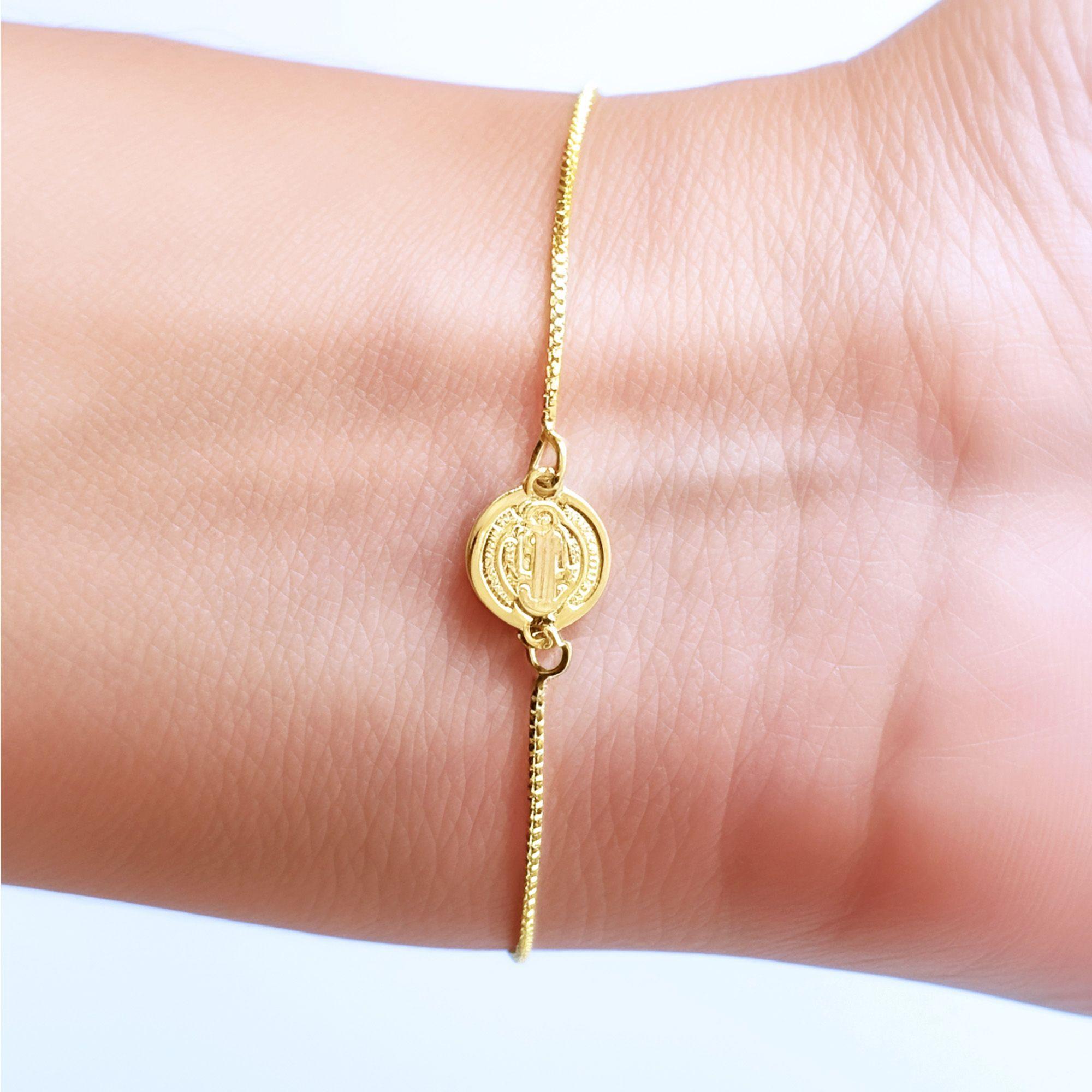 Pulsera Medalla San Benito 9mm Veneciana Enchapado Oro 18K-3