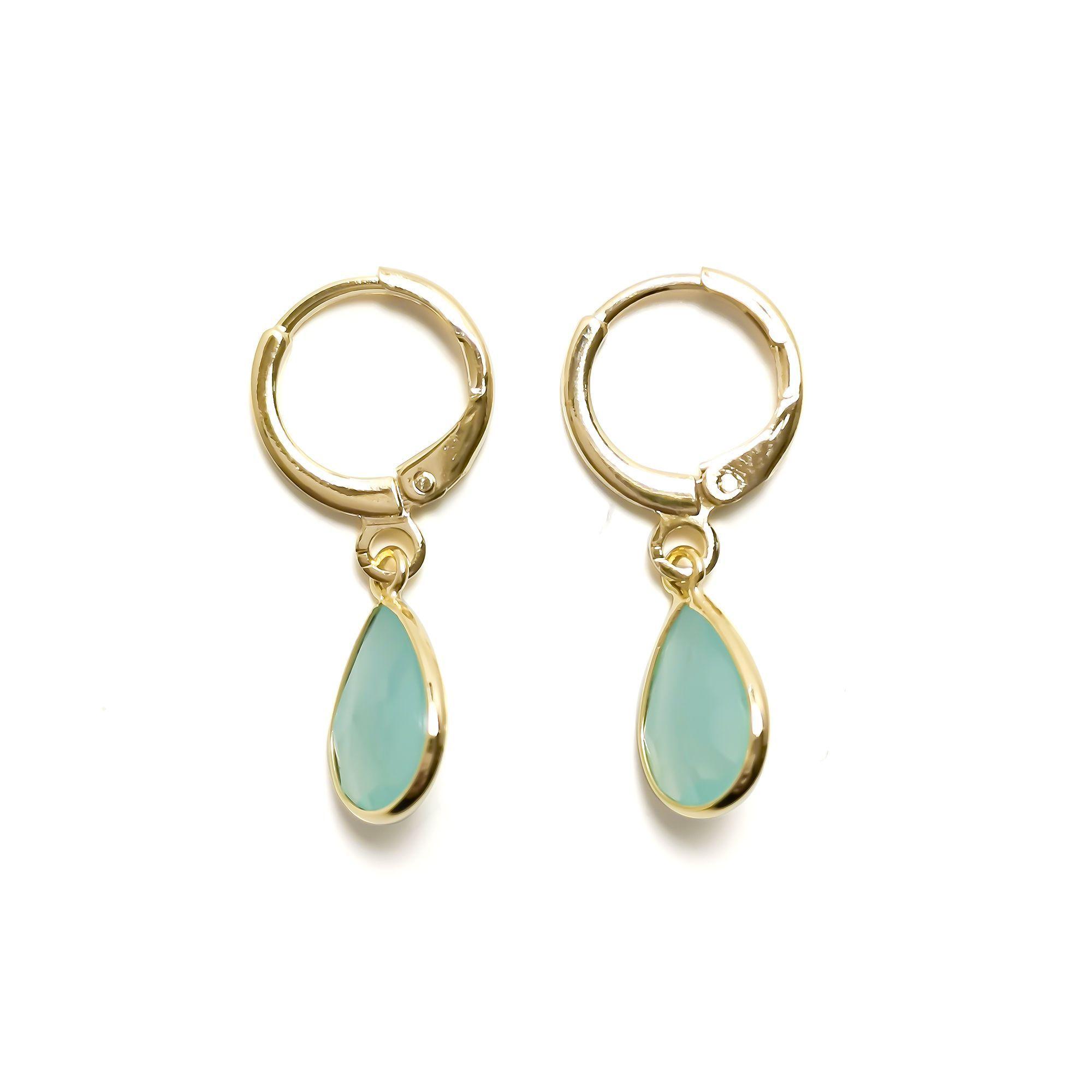 Aros Argolla Gota Calcedonia Verde Enchapado Oro 18K-0