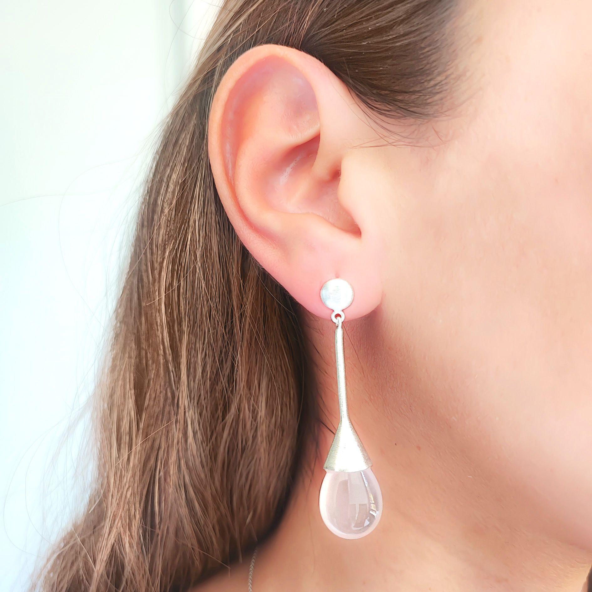 Aros Cuarzo Rosado Gota Plata Fina 925 Satinado-2