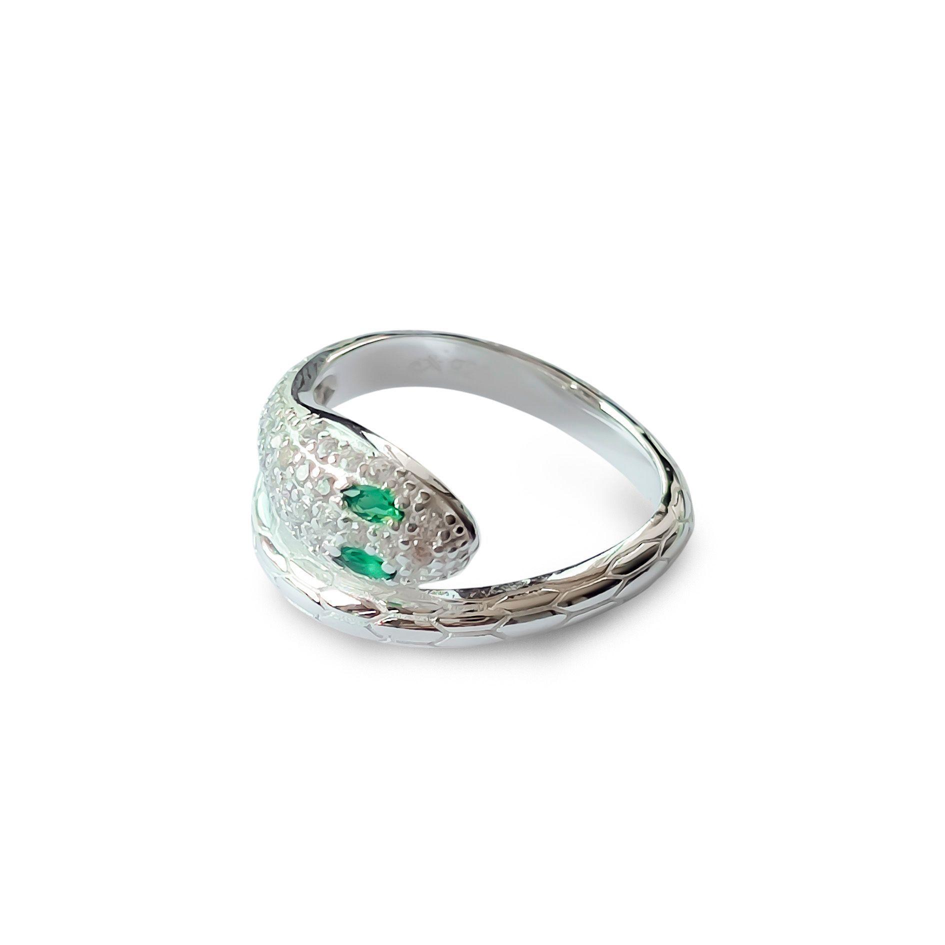 Anillo Serpiente Circón Blanco Verde #14 Plata Fina 925-2