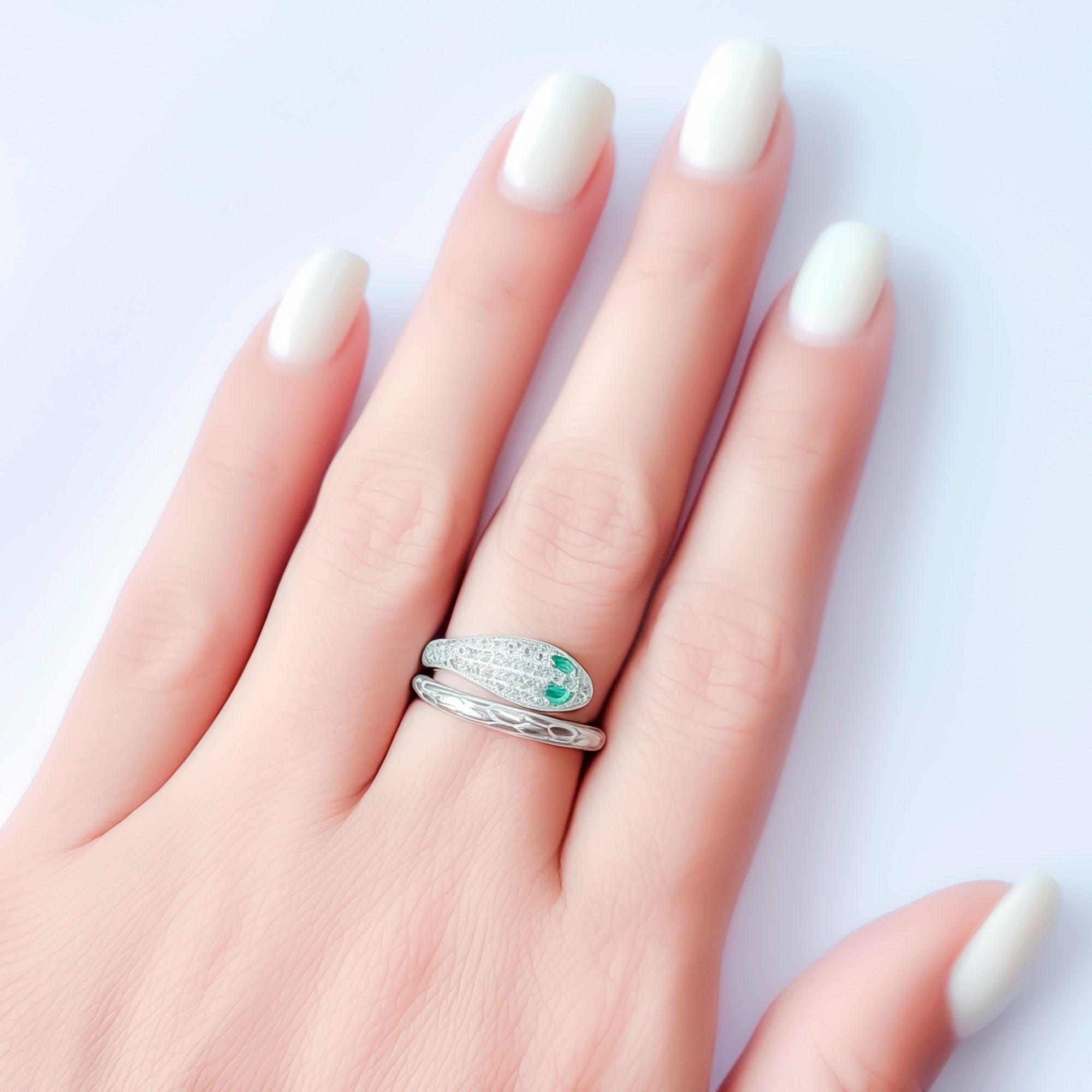 Anillo Serpiente Circón Blanco Verde #14 Plata Fina 925-3