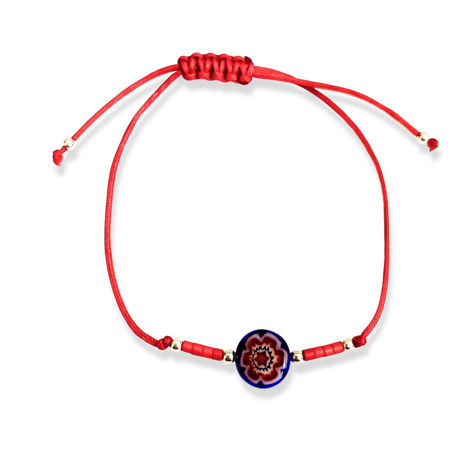 Pulsera Cristal Murano Flor Bolas Plata Fina 925 Cordón Rojo-2