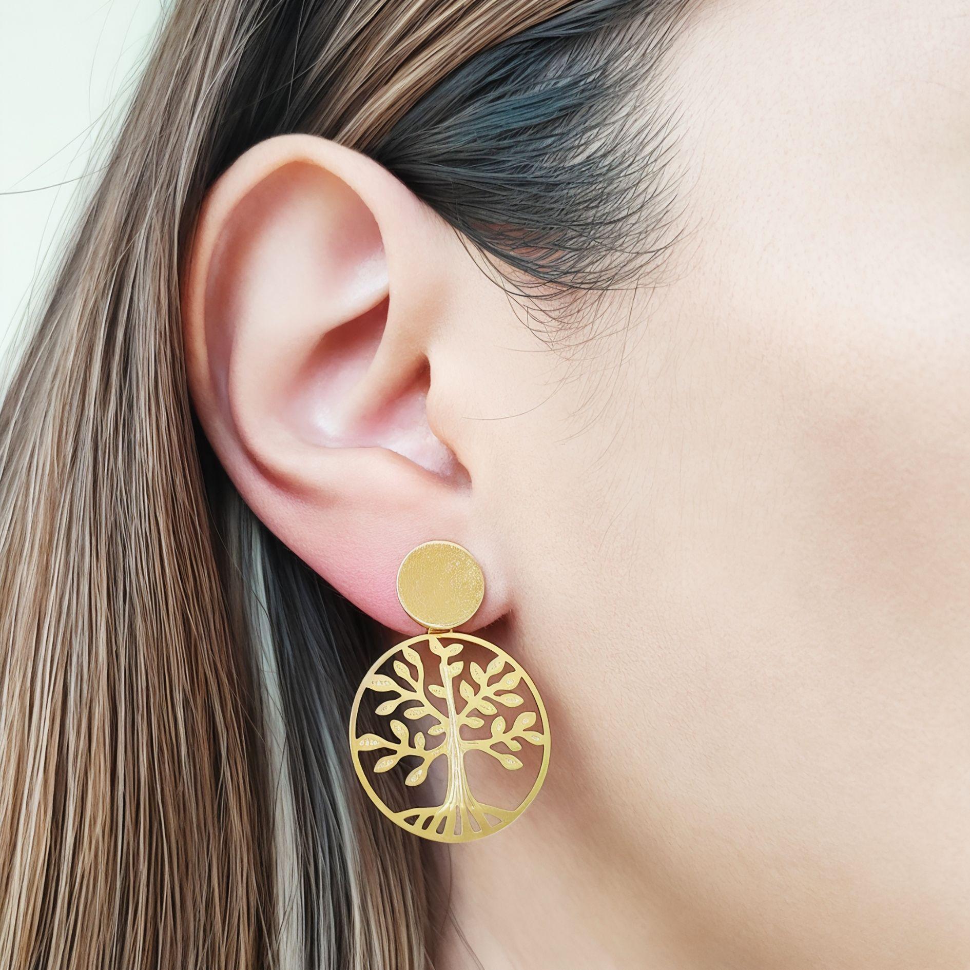 Aros Árbol De La Vida Tope Redondo Enchapado Oro 18K-3