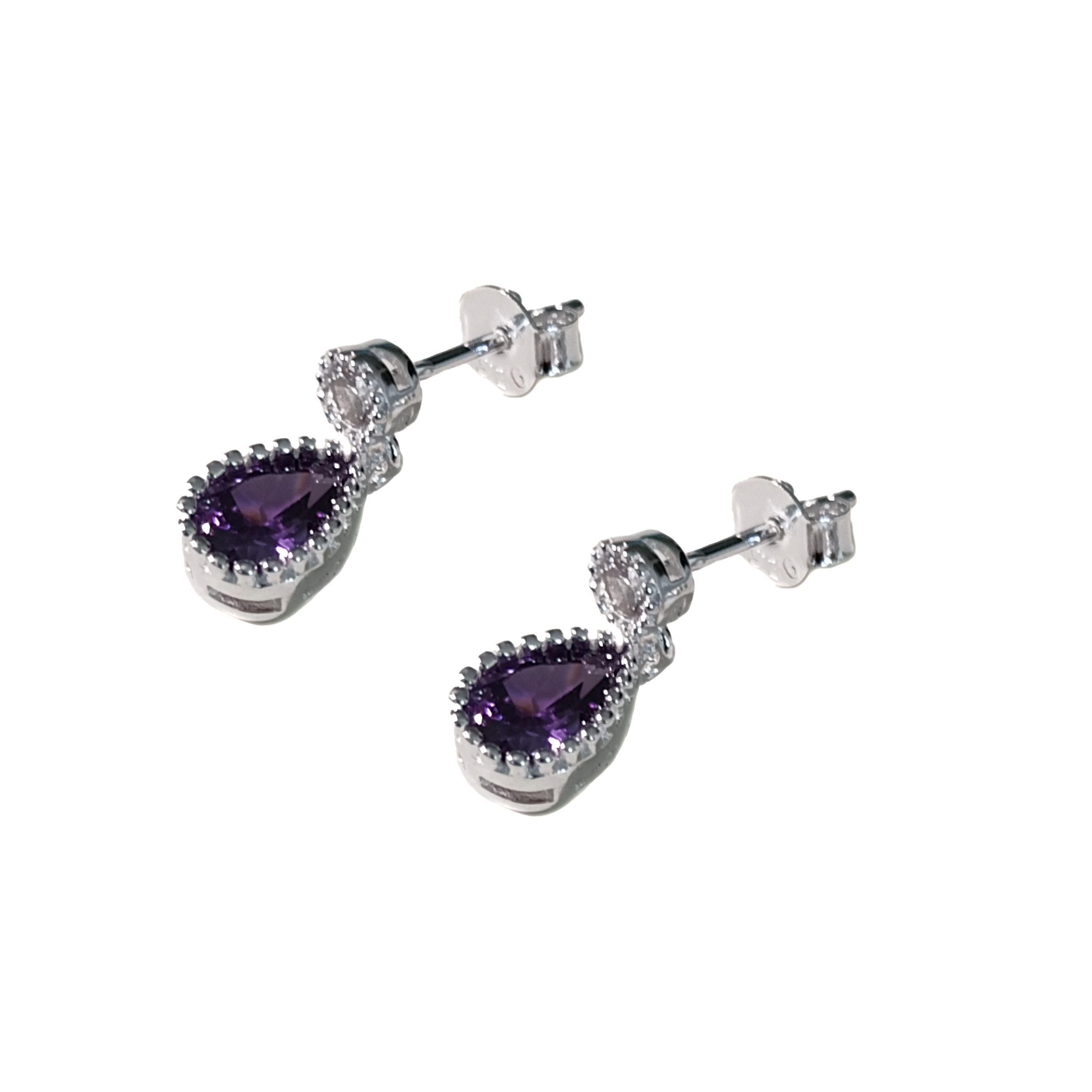 Aros Gota Circón Facetado Morado Plata Fina 925-2